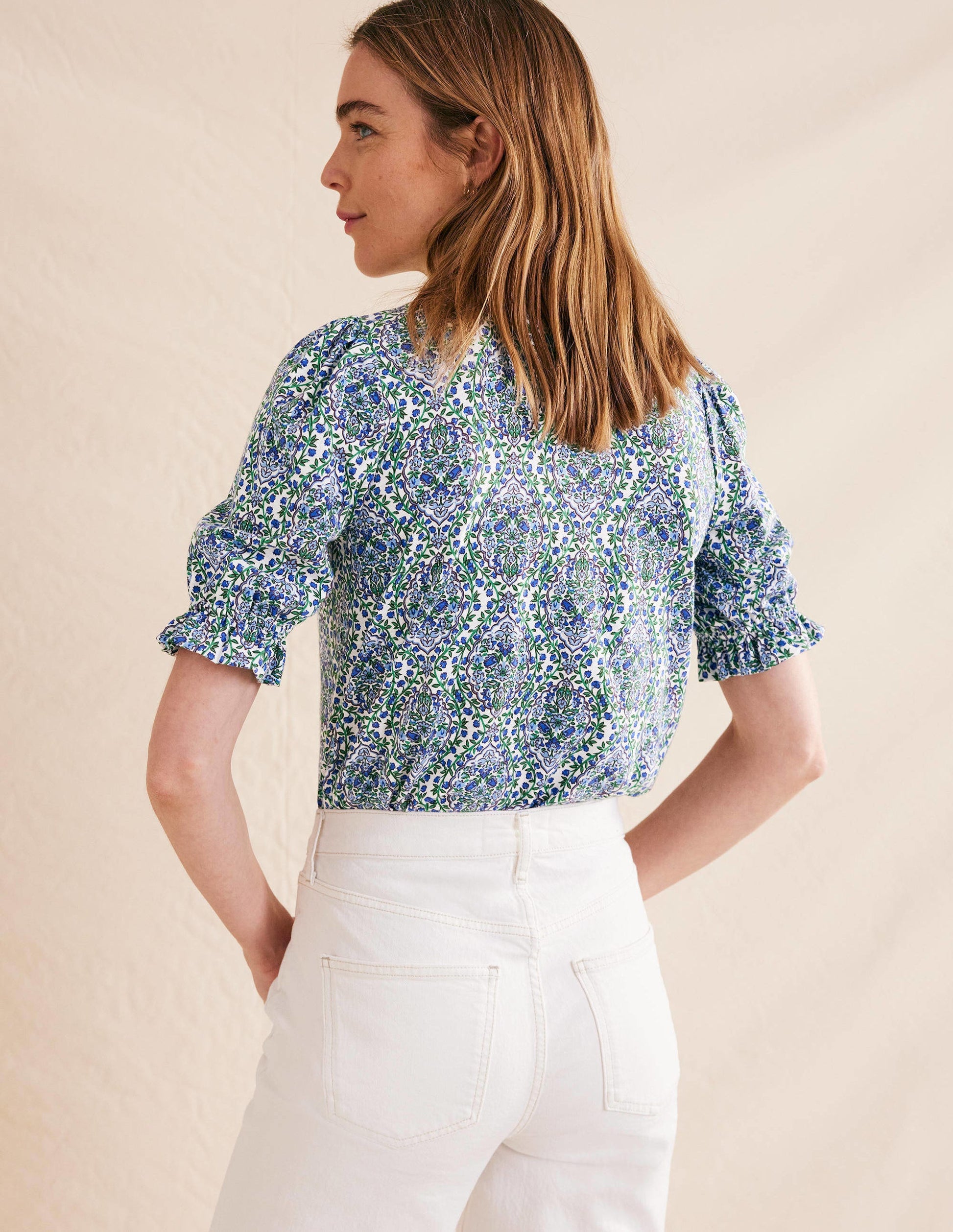 Frilled Short Sleeve Shirt-Linseed and Vine Terrace-3