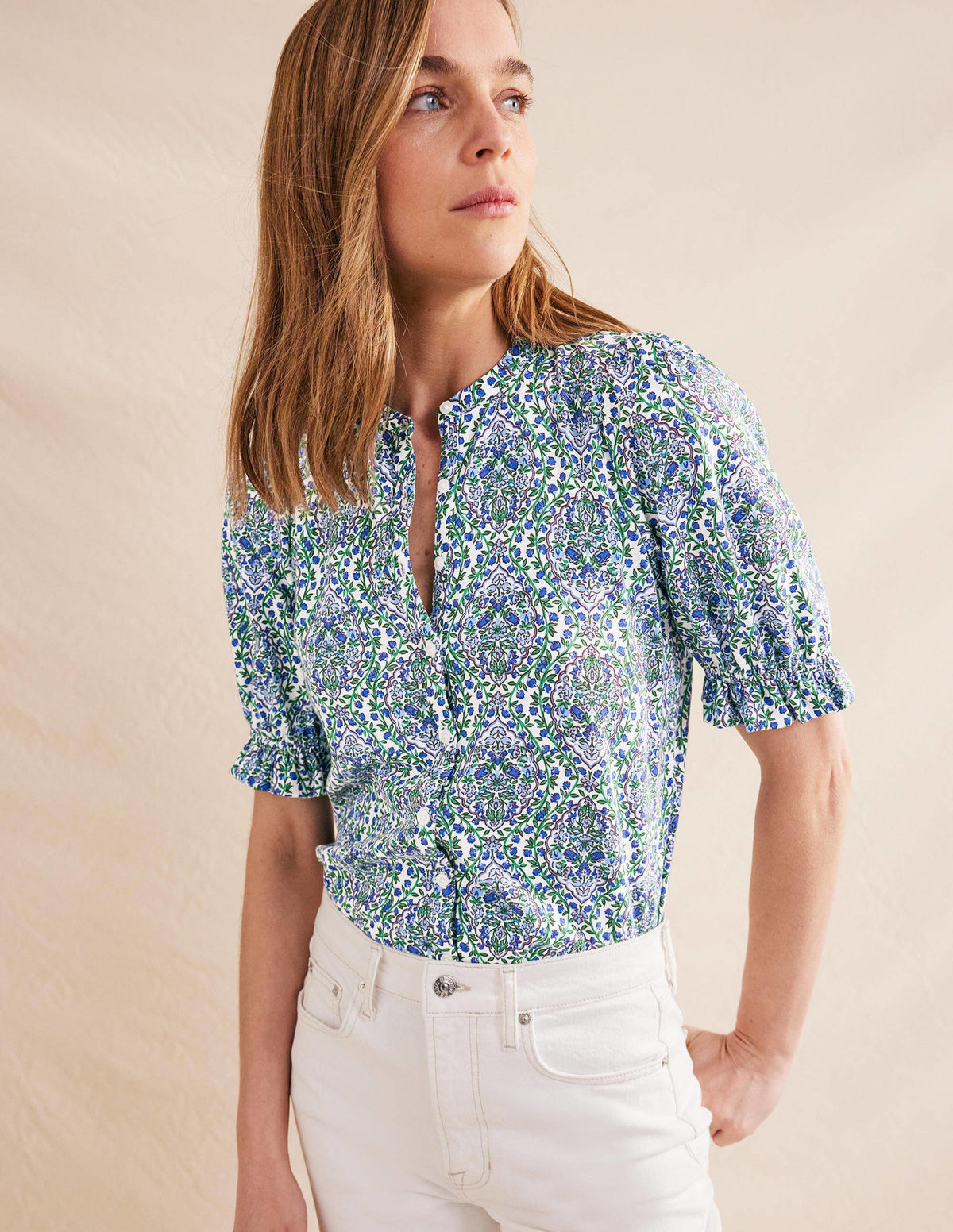 Frilled Short Sleeve Shirt-Linseed and Vine Terrace - Image 4