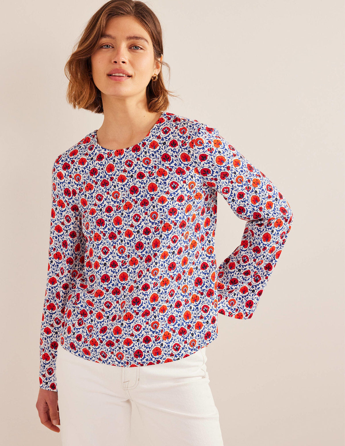 Flared Long Sleeve Top-Blue Wave, Enchanting Bloom-1