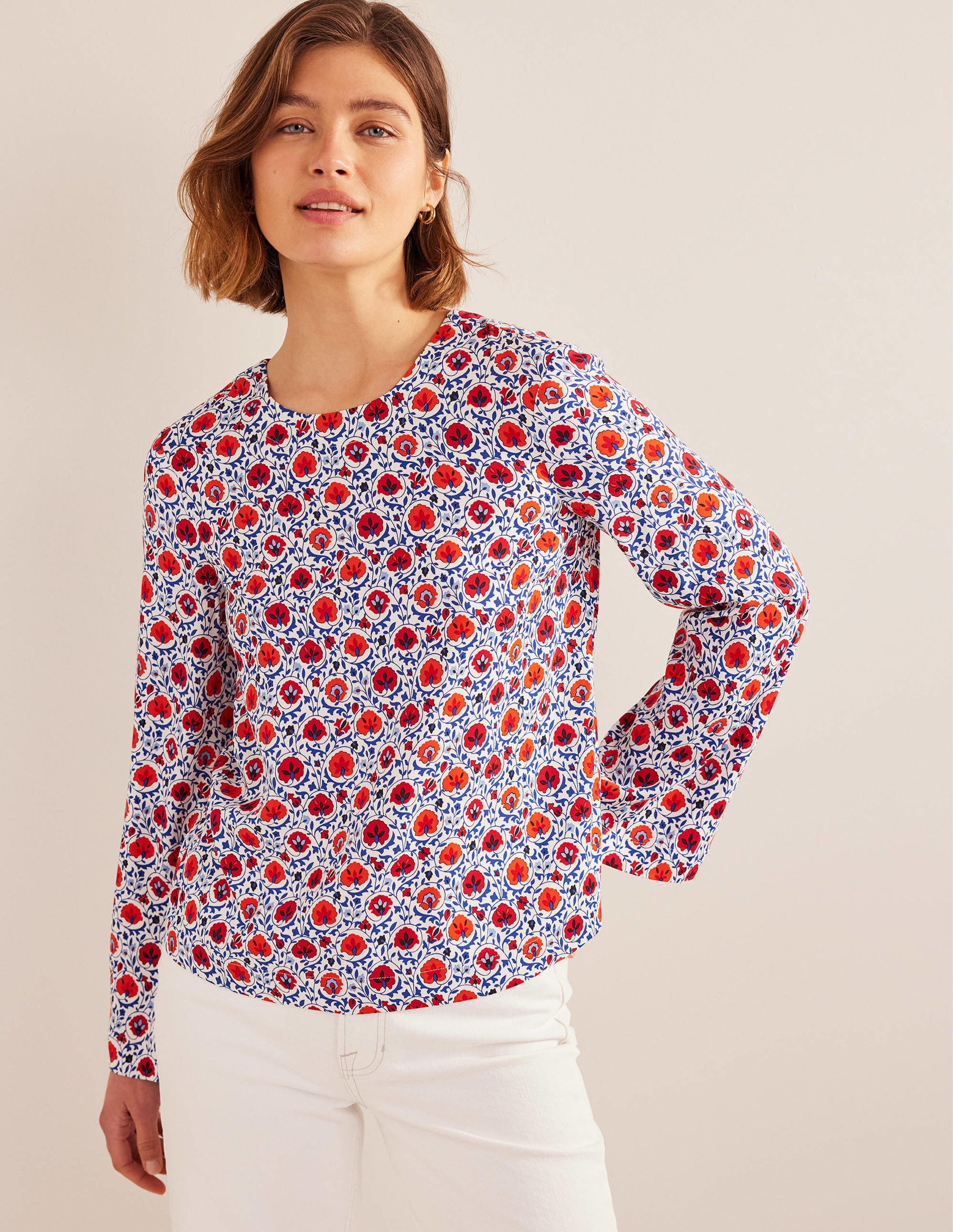 Flared Long Sleeve Top-Blue Wave, Enchanting Bloom - Image 1