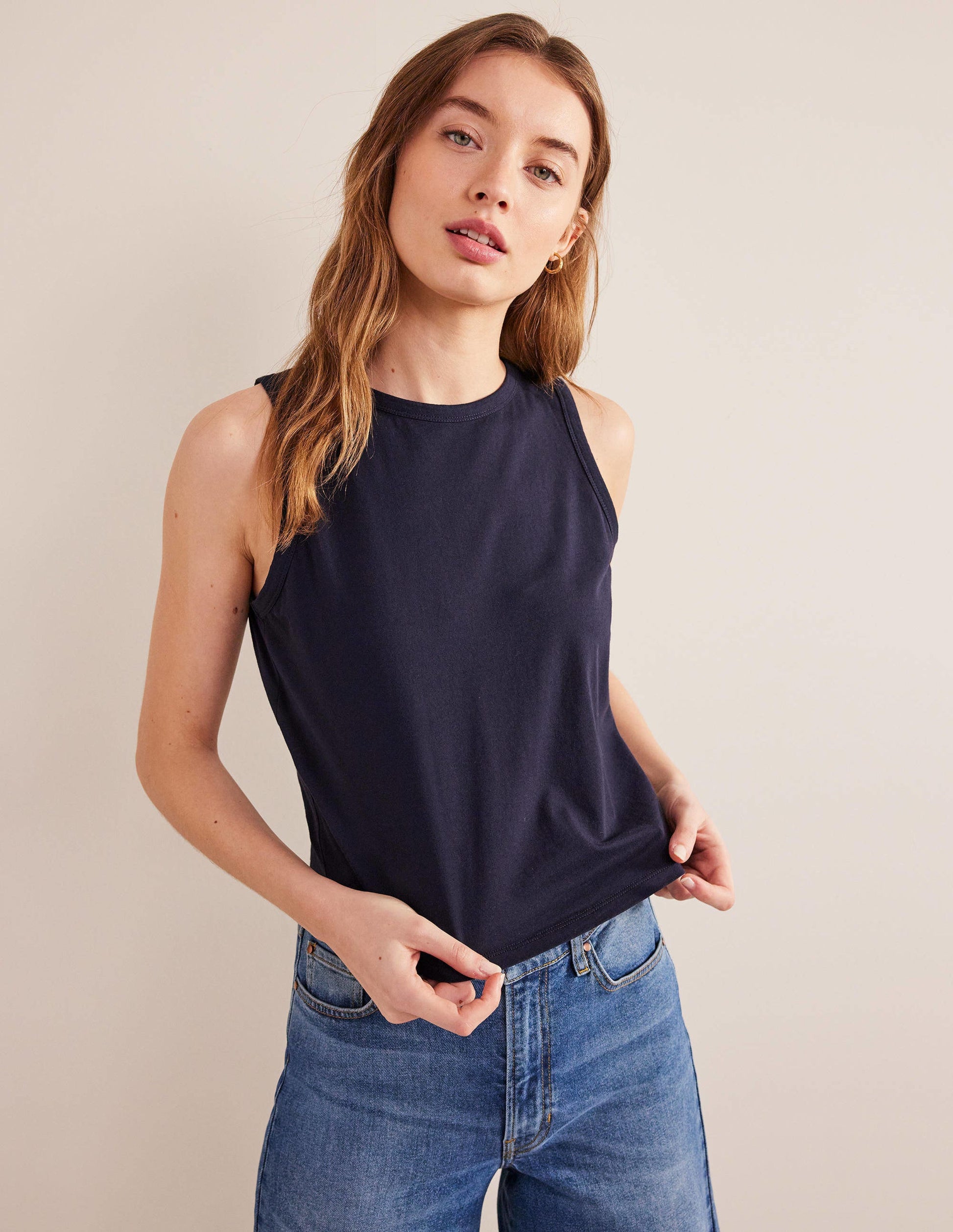Pure Cotton Cropped Vest-Navy-1
