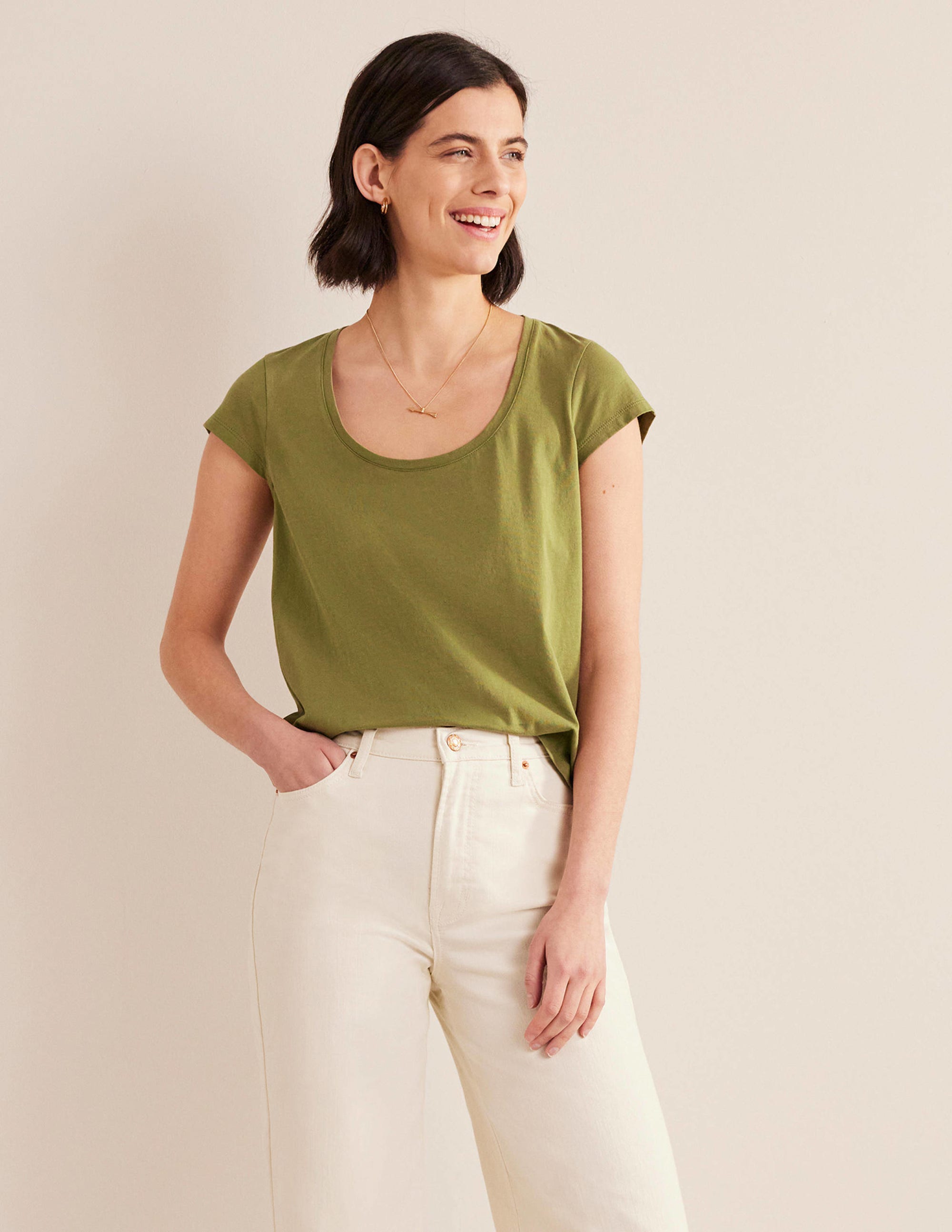 Pure Cotton Scoop Neck T-Shirt-Capulet Olive - Image 1
