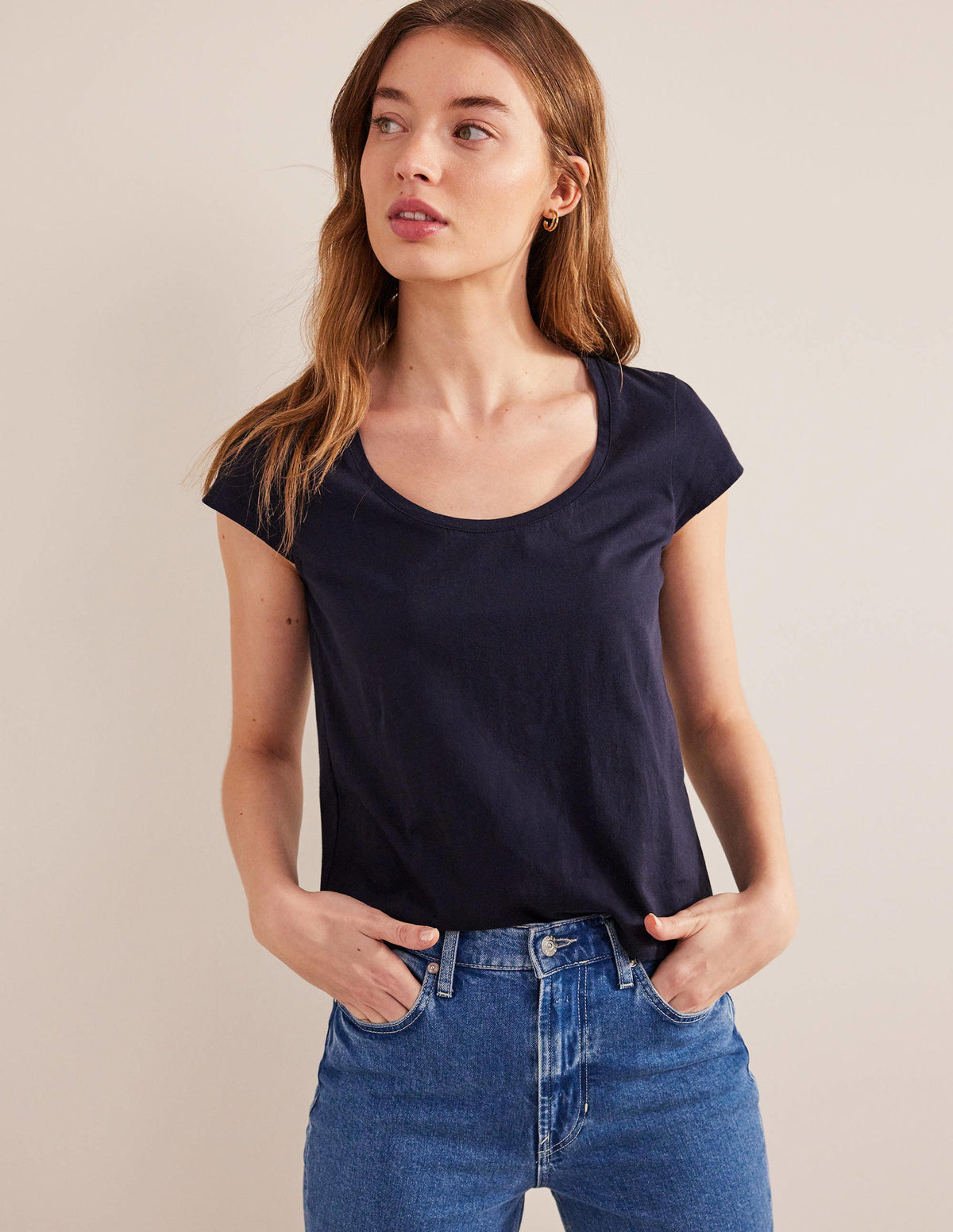 Pure Cotton Scoop Neck T-Shirt-Navy-1