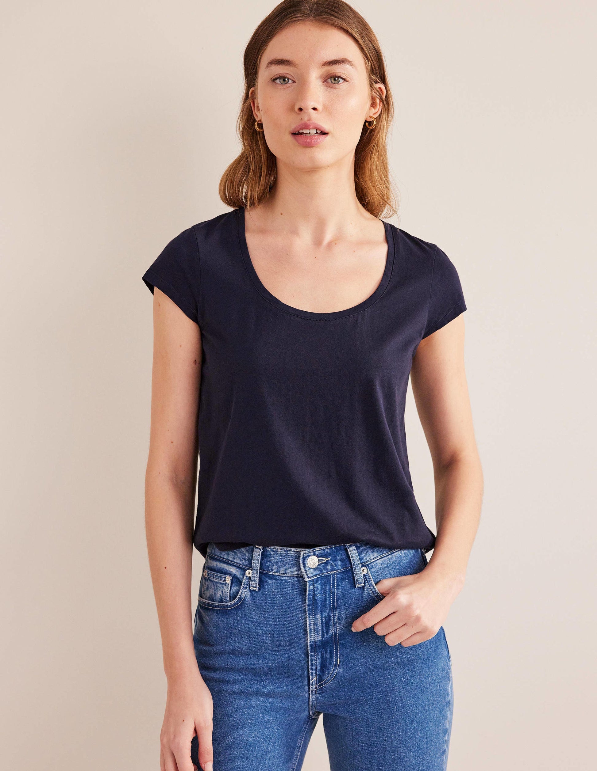 Pure Cotton Scoop Neck T-Shirt-Navy-4