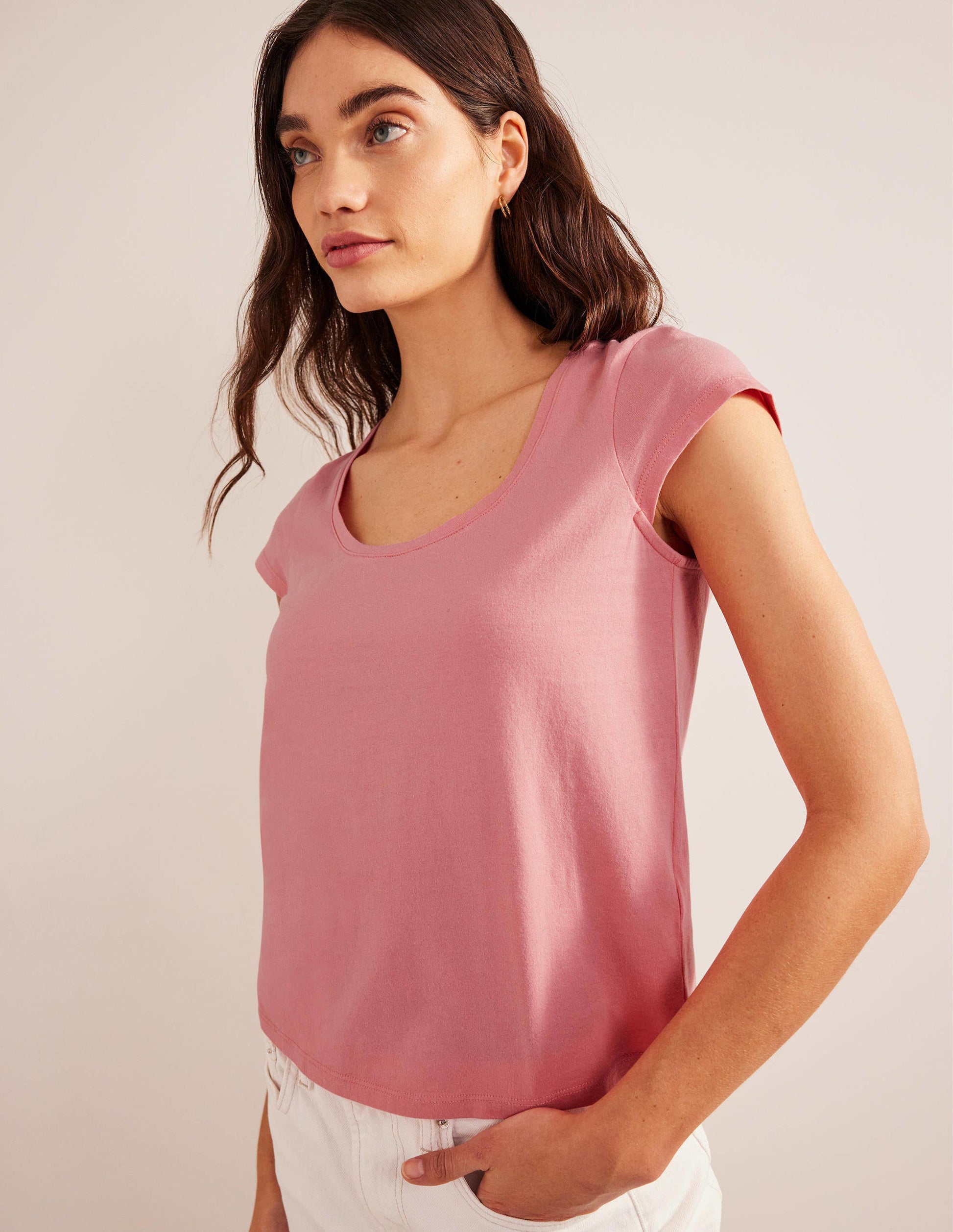 Pure Cotton Scoop Neck T-Shirt-Peach Sorbet-1