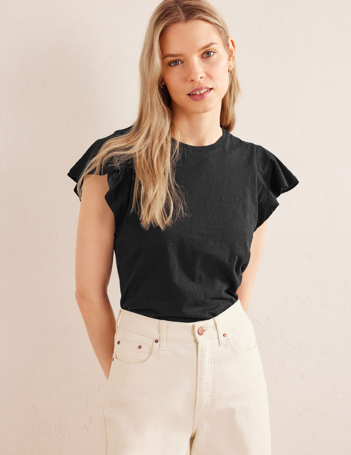 Crew Neck Flutter T-Shirt-Black-1