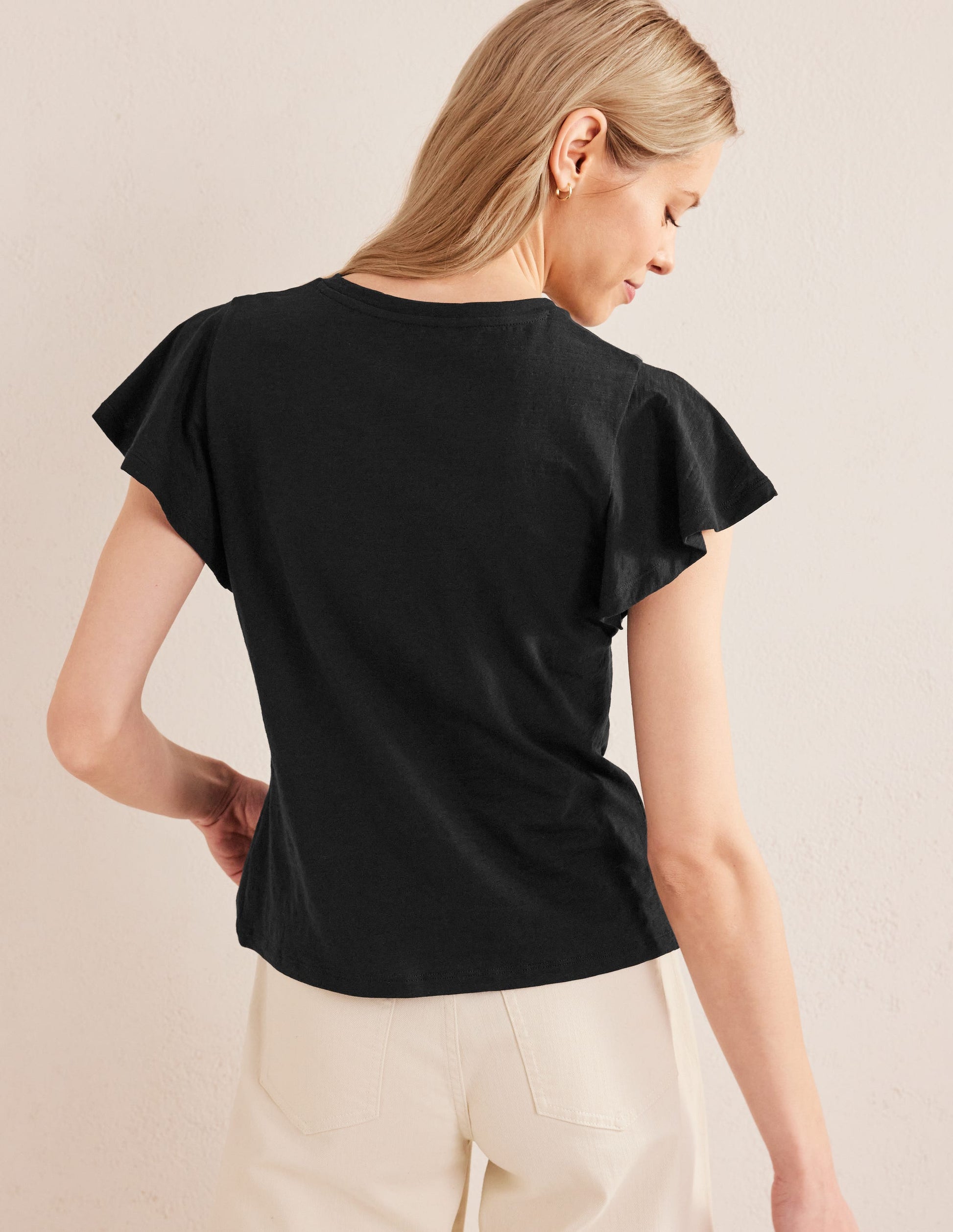 Crew Neck Flutter T-Shirt-Black-3