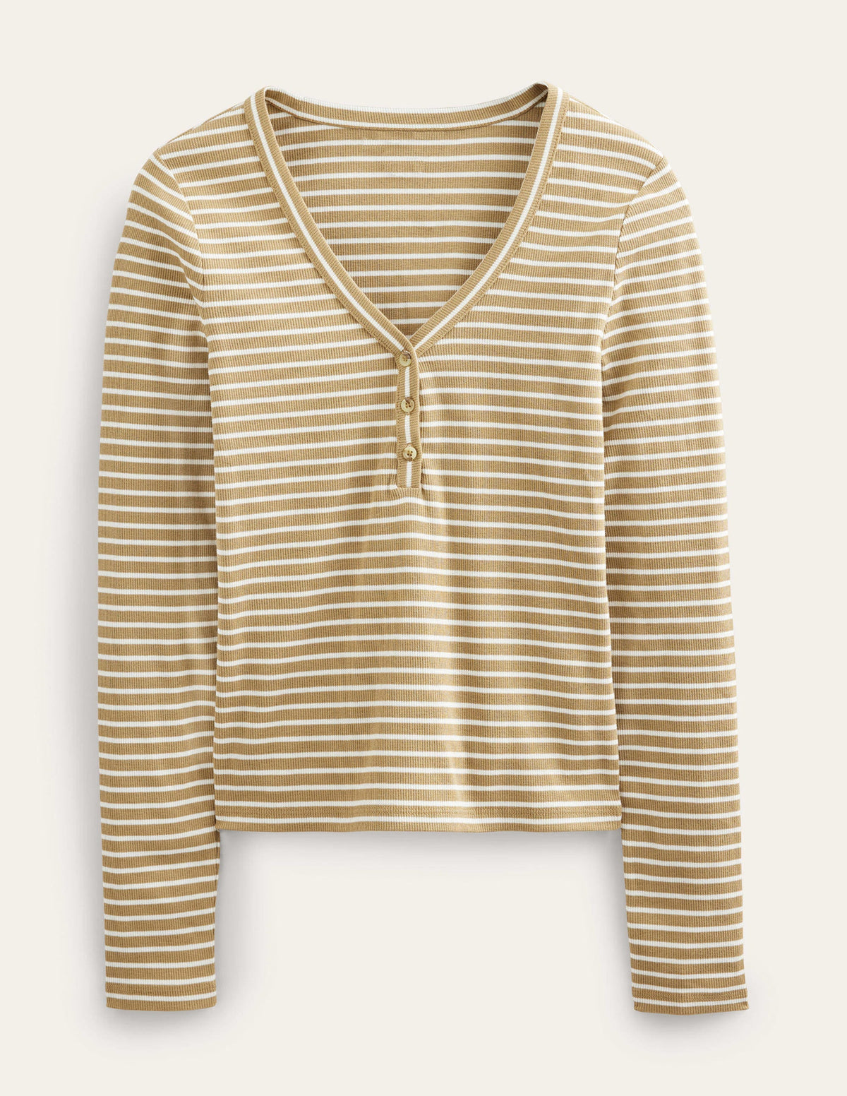 Stripe Ribbed Fitted Henley-Camel/Ivory Stripe-5