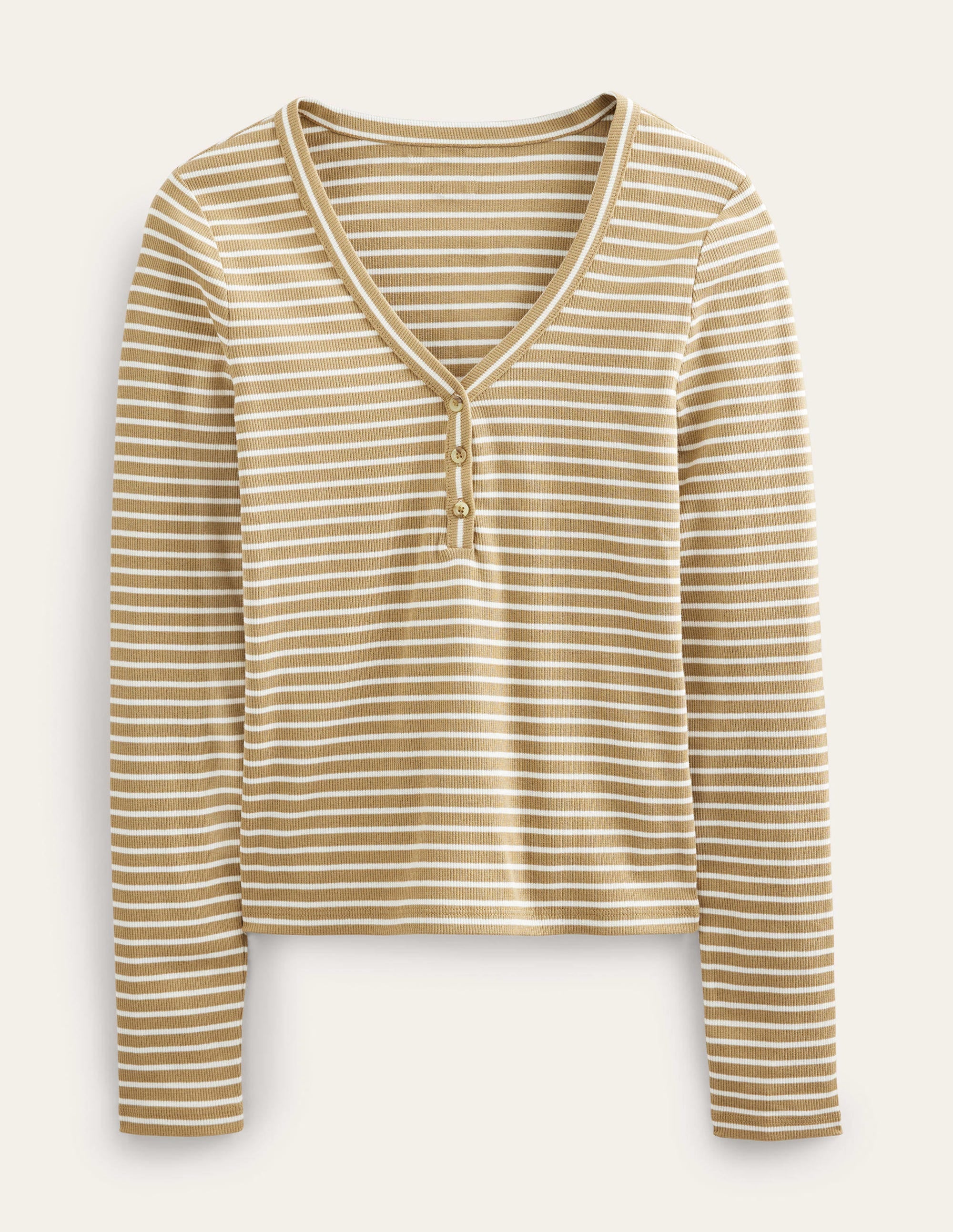 Stripe Ribbed Fitted Henley-Camel/Ivory Stripe - Image 5