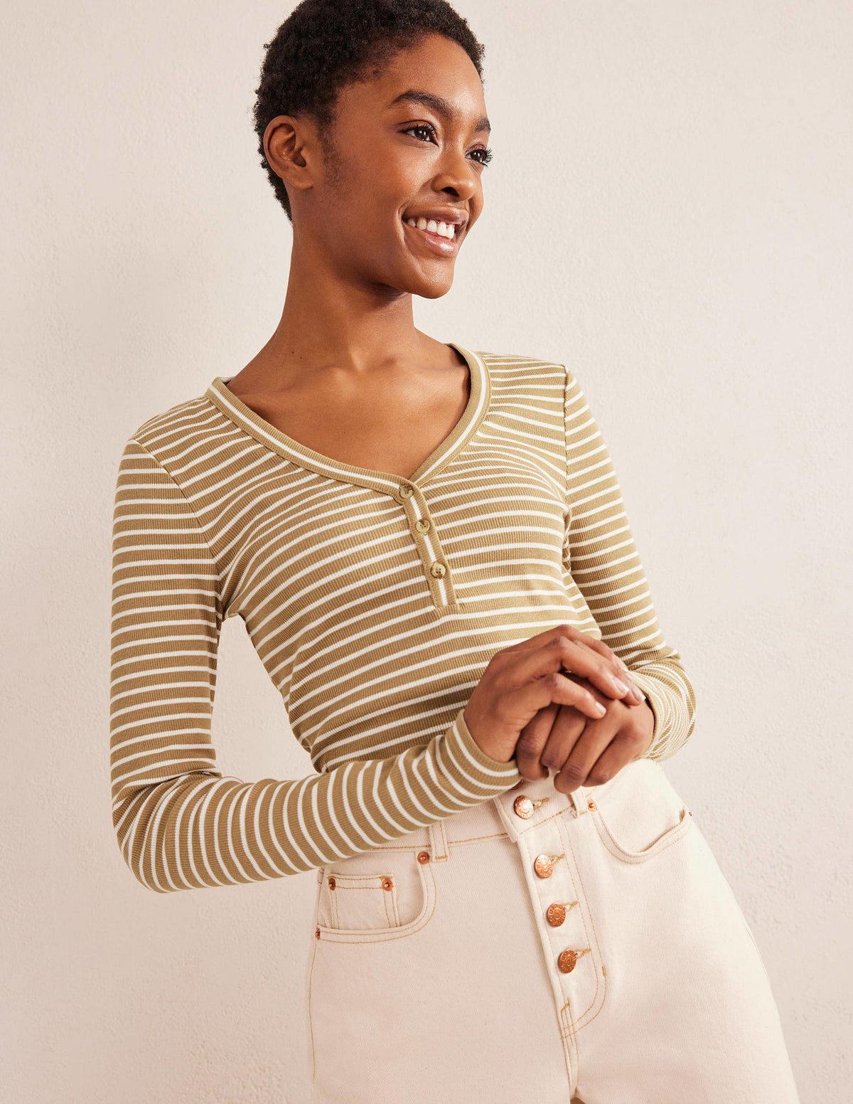 Stripe Ribbed Fitted Henley-Camel/Ivory Stripe-1