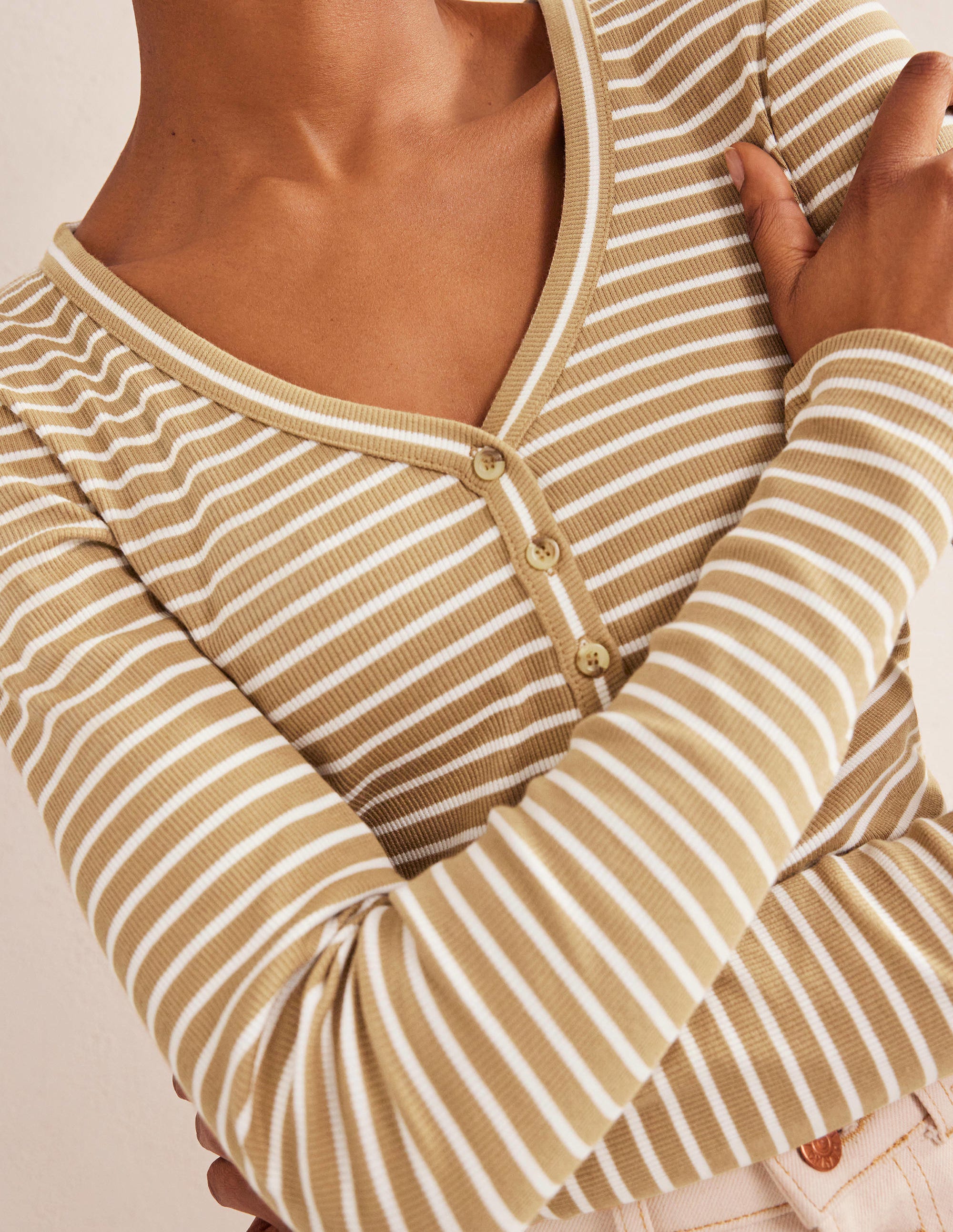 Stripe Ribbed Fitted Henley-Camel/Ivory Stripe - Image 2