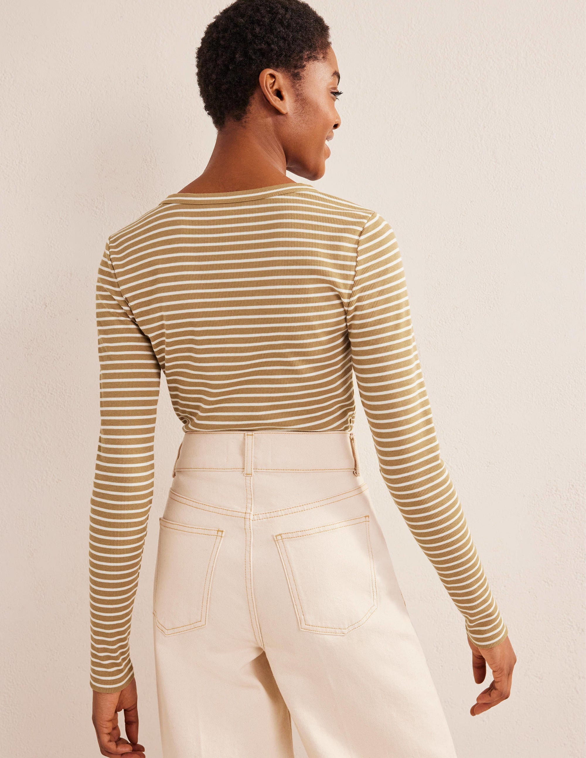 Stripe Ribbed Fitted Henley-Camel/Ivory Stripe - Image 3
