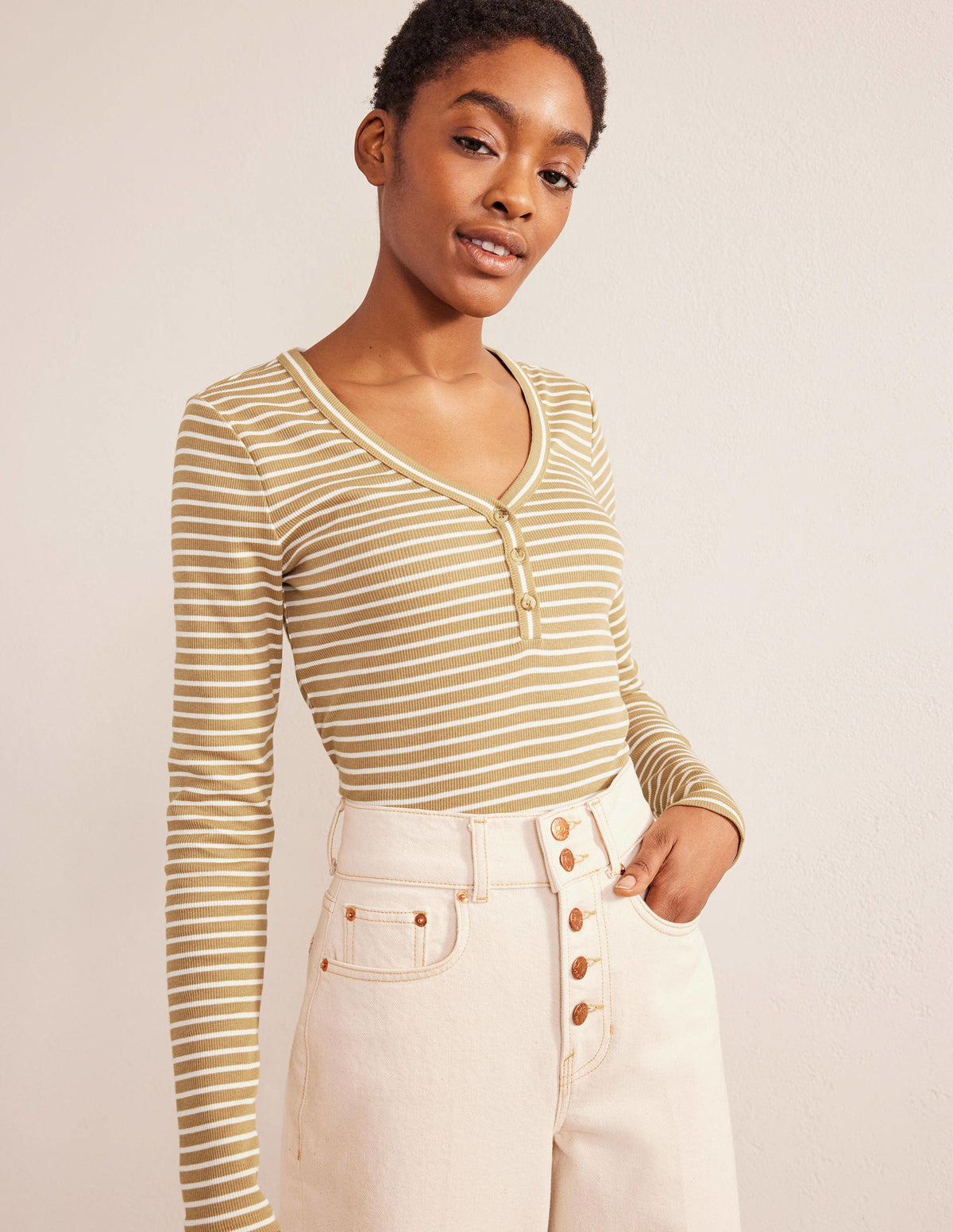 Stripe Ribbed Fitted Henley-Camel/Ivory Stripe - Image 4