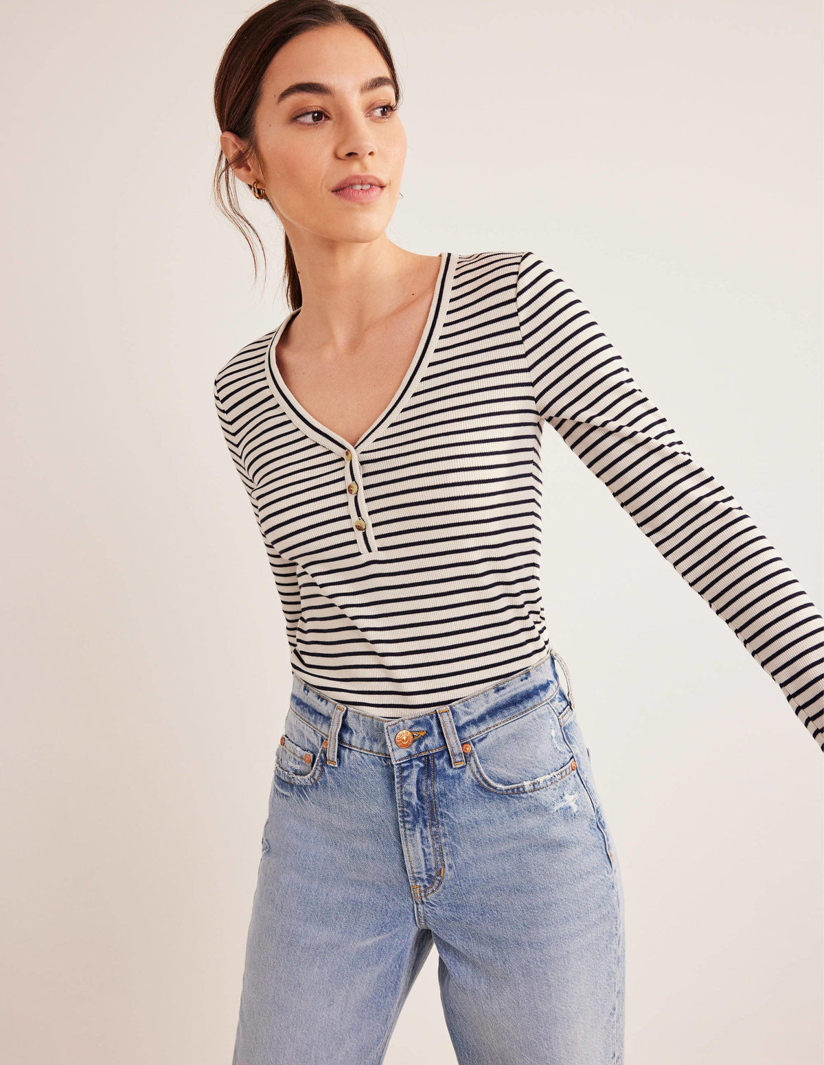 Stripe Ribbed Fitted Henley-Ivory/Navy Stripe-1