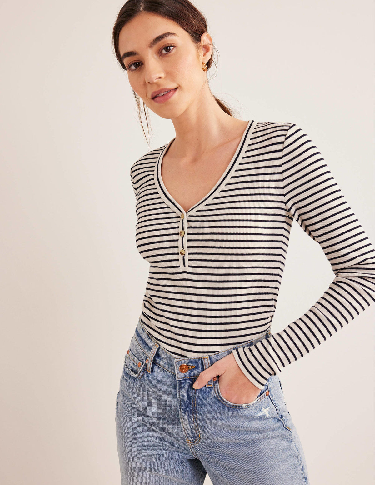 Stripe Ribbed Fitted Henley-Ivory/Navy Stripe-4
