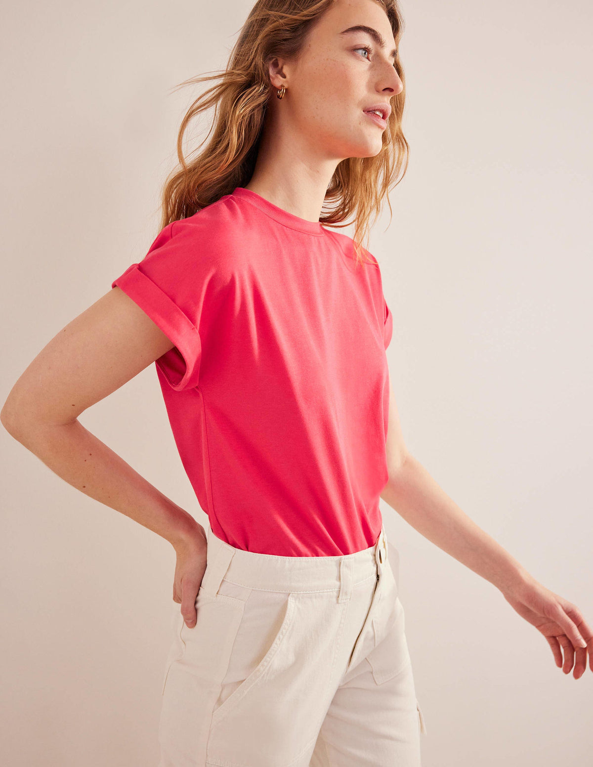 Turn Back Sleeve Crew T-Shirt-Festival Pink - Image 1