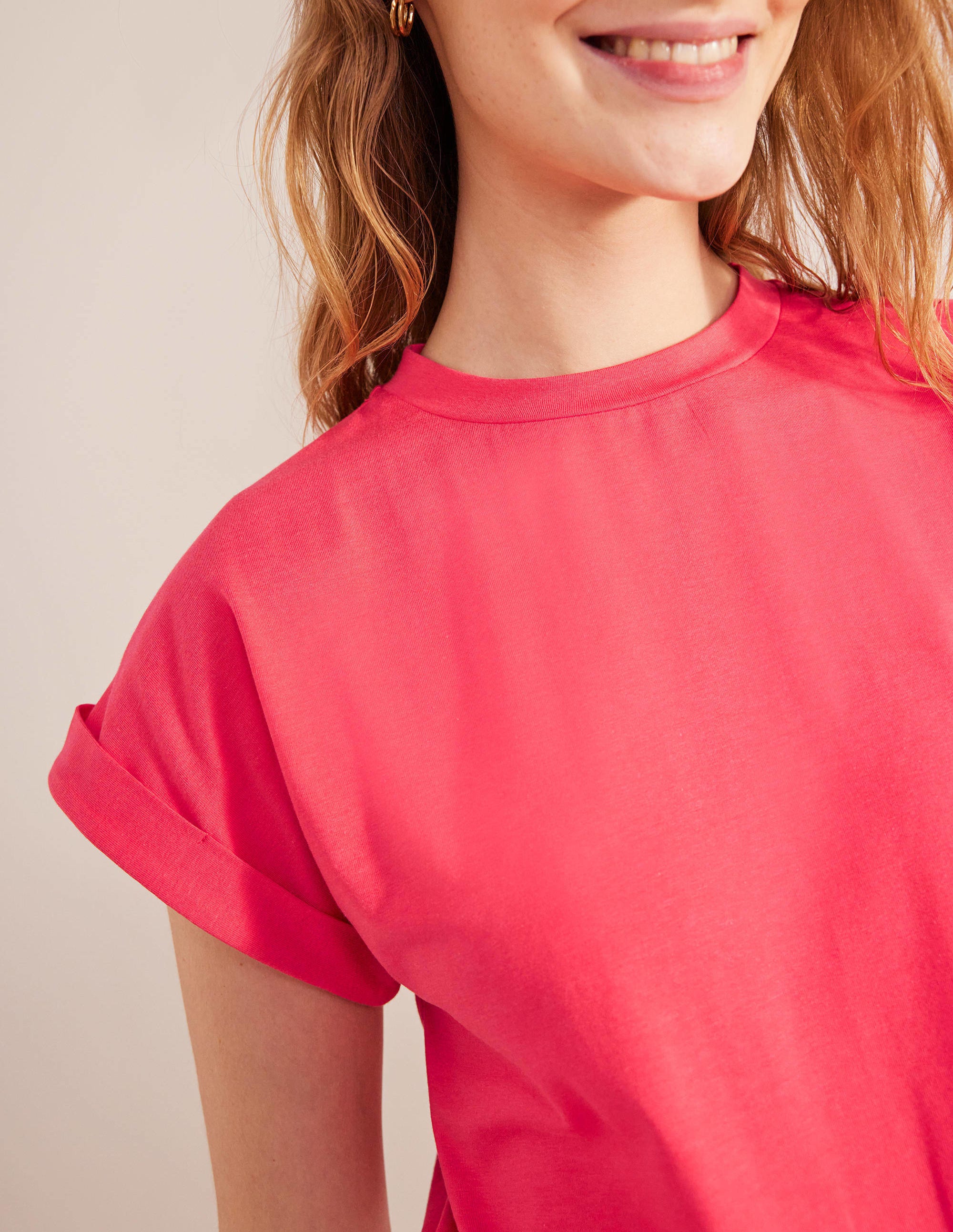 Turn Back Sleeve Crew T-Shirt-Festival Pink - Image 2