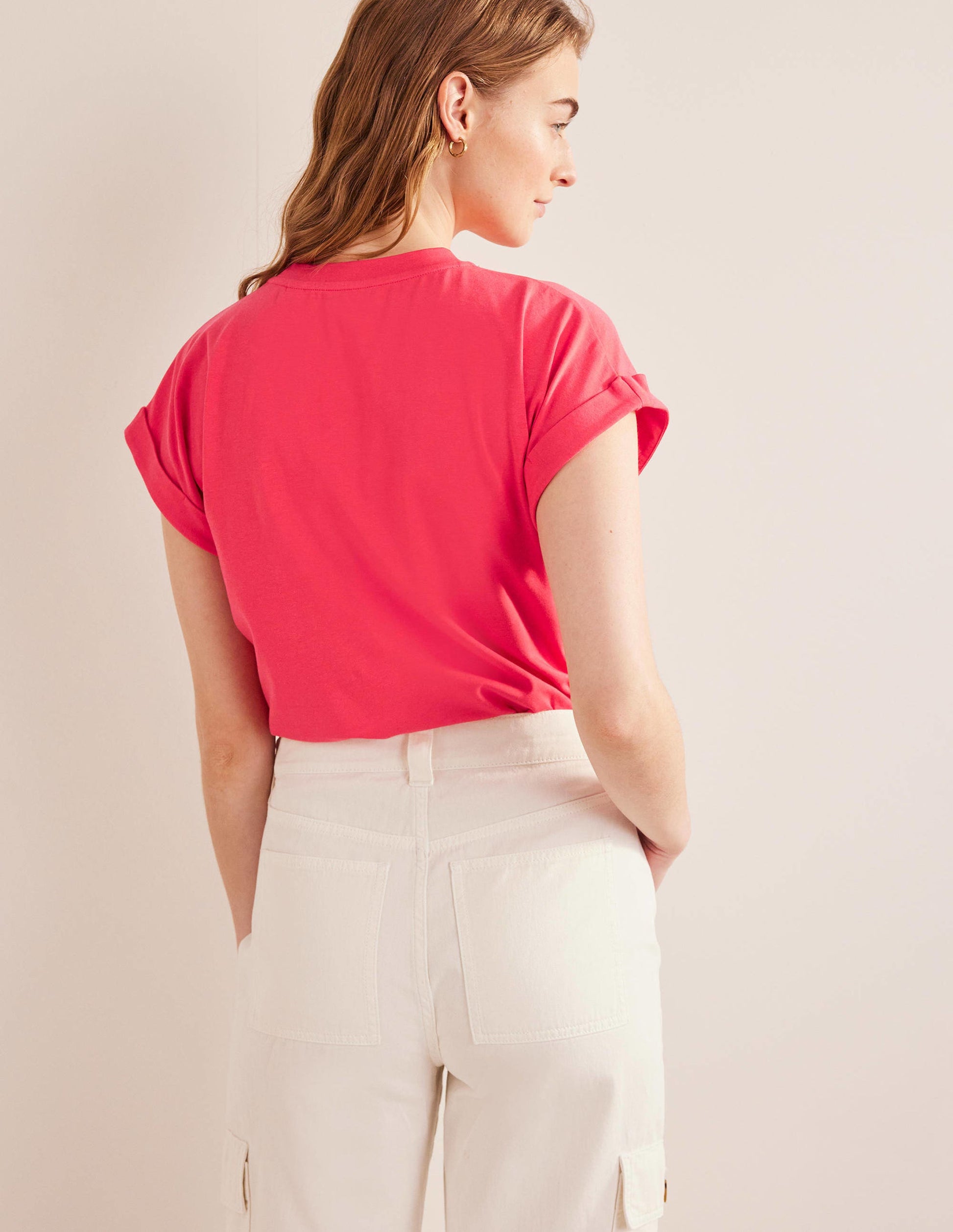 Turn Back Sleeve Crew T-Shirt-Festival Pink-3