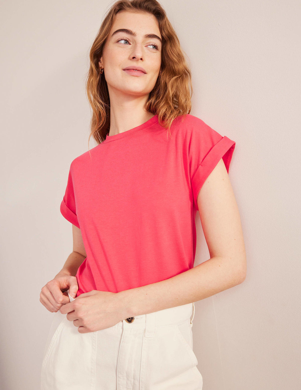 Turn Back Sleeve Crew T-Shirt-Festival Pink-4