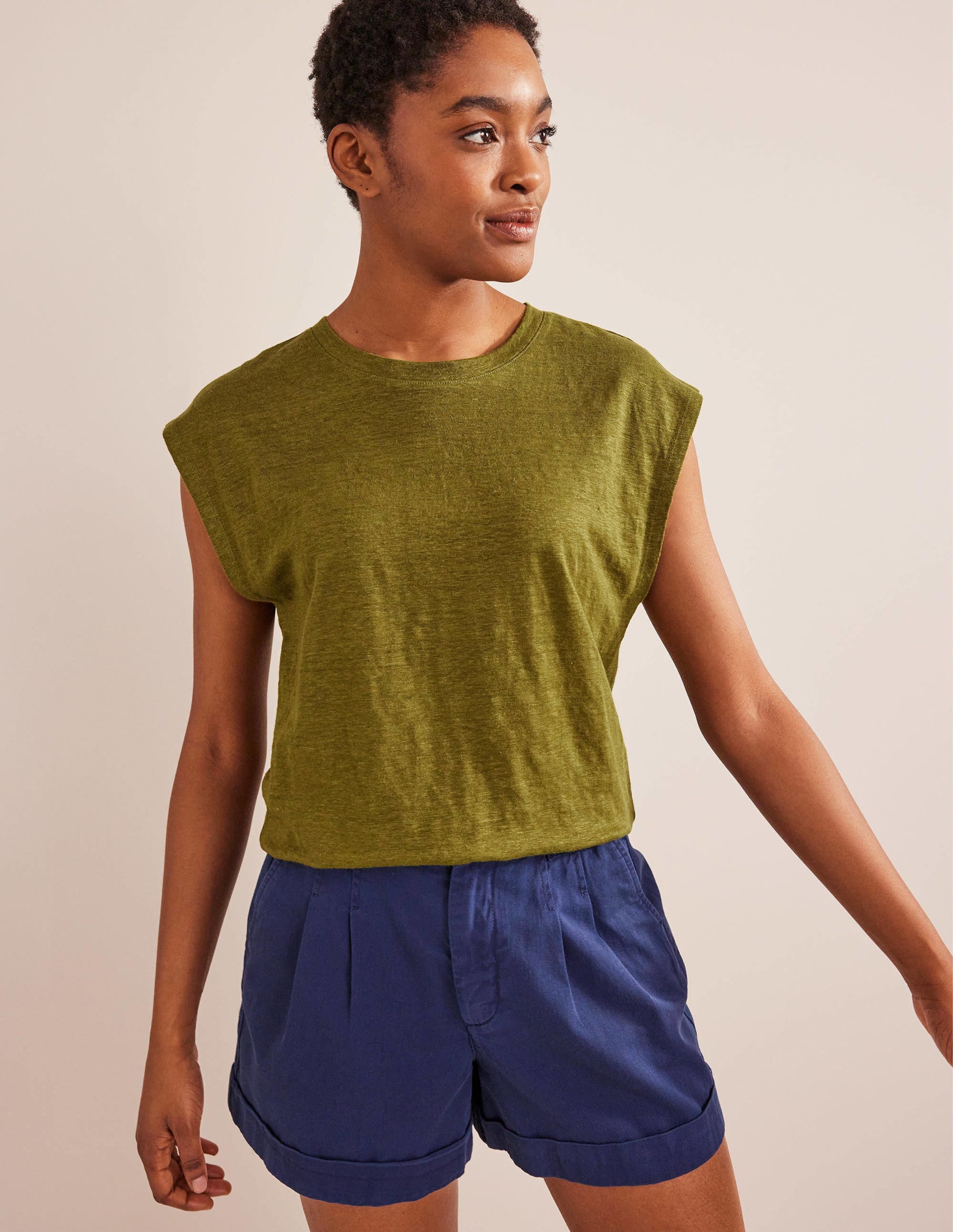 Crew Neck Linen T-shirt-River Reed - Image 1