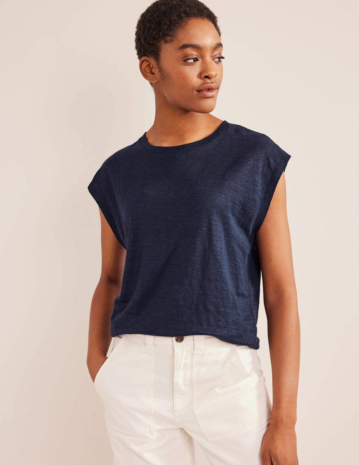 Crew Neck Linen T-shirt-Navy - Image 4