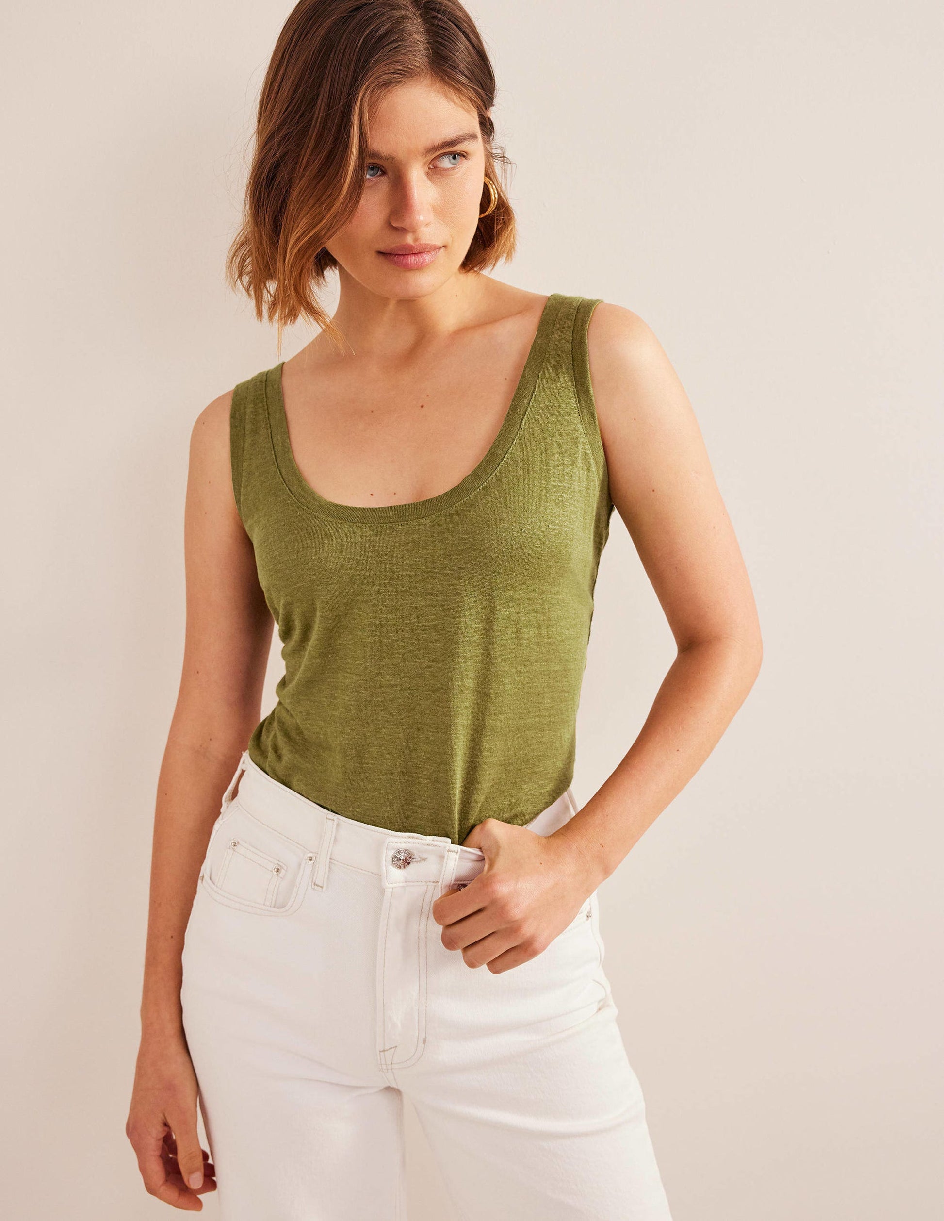 Scoop Neck Linen Tank Top-Sulphur Green-4