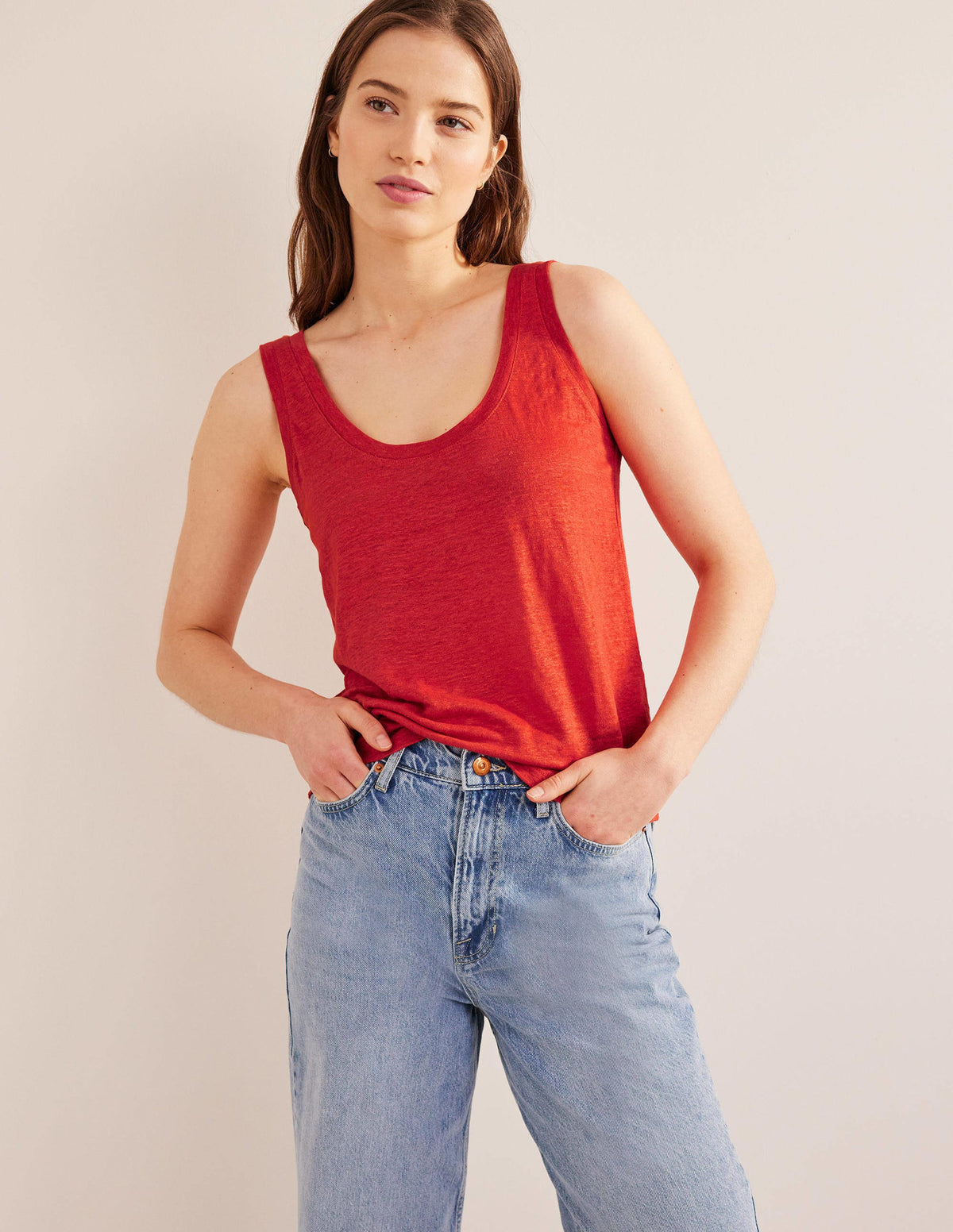 Scoop Neck Linen Tank Top-Tomato - Image 4
