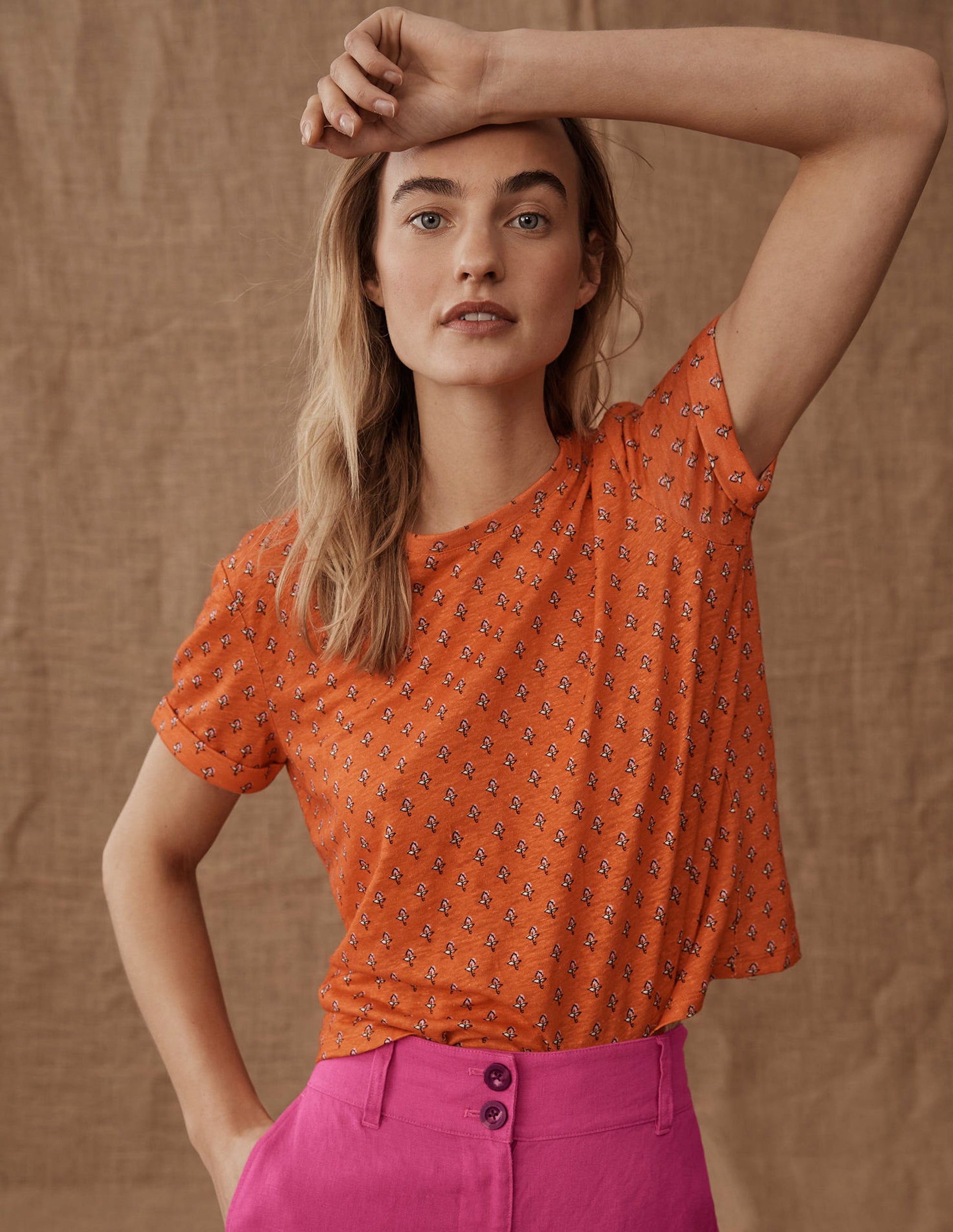 Printed Linen T-shirt-Blood Orange, Tulip Blush-7