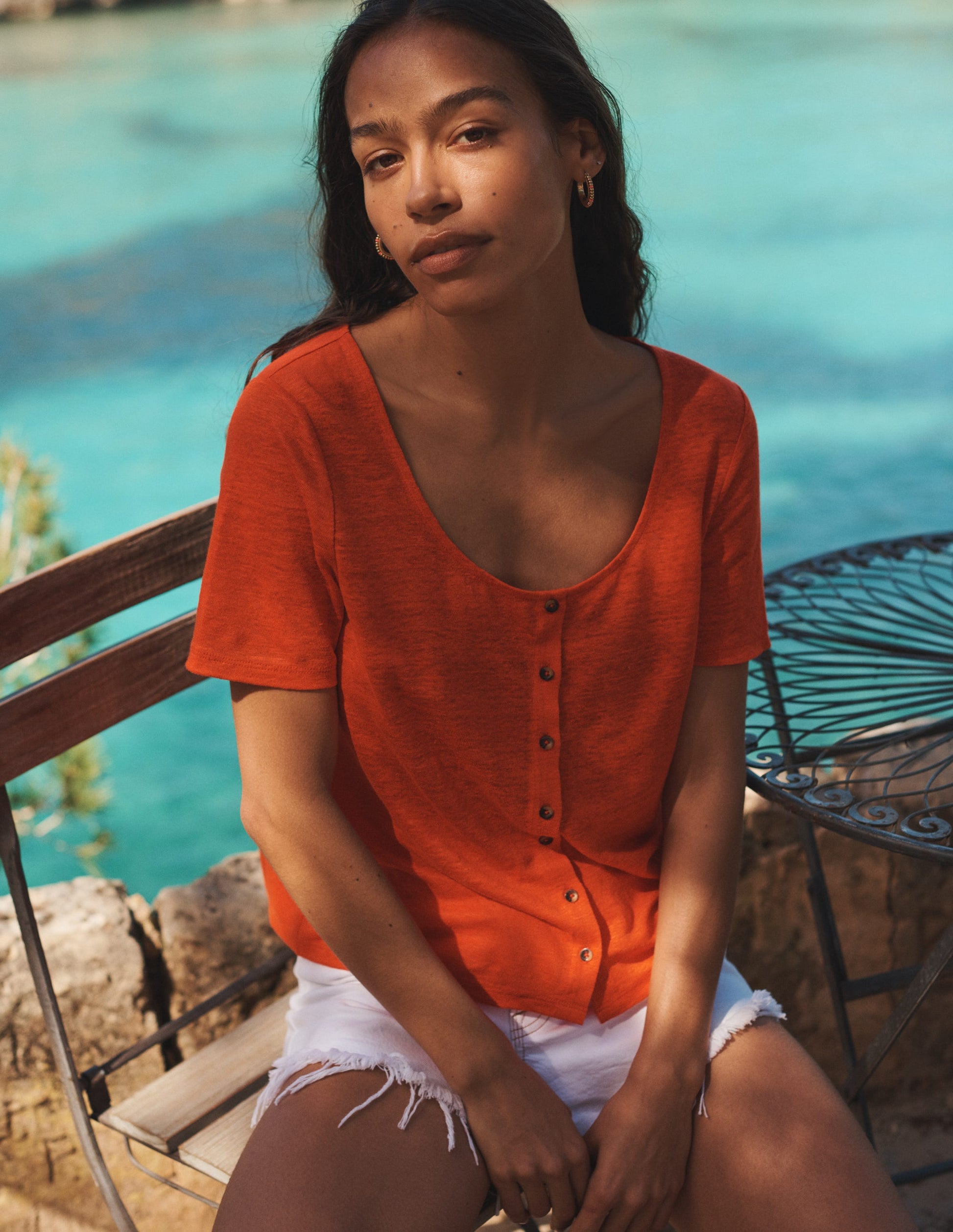 Scoop Neck Linen T-shirt-Blood Orange-5