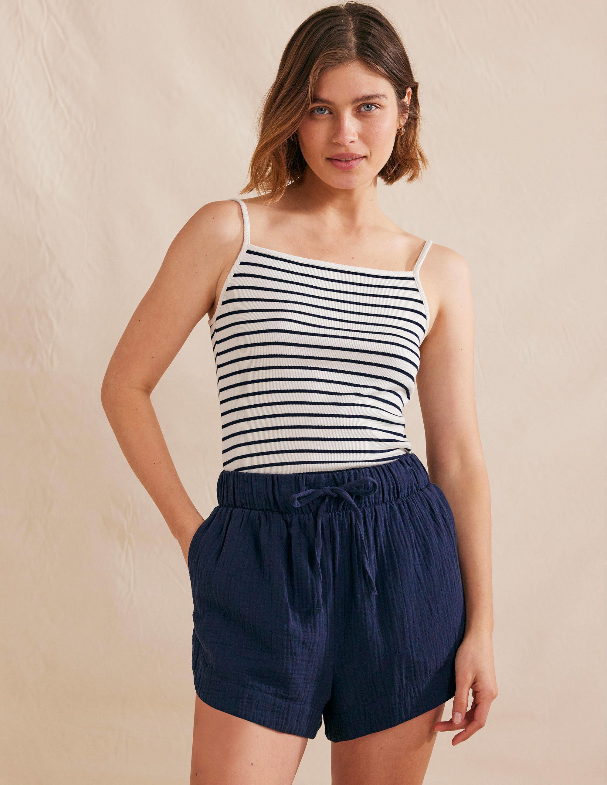 Square Neck Ribbed Tank Top-Ivory/Navy Stripe - Image 1