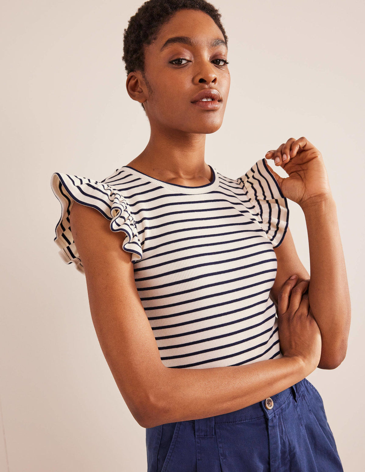 Crew Neck Ribbed Flutter Top-Ivory/ Navy Stripe - Image 1