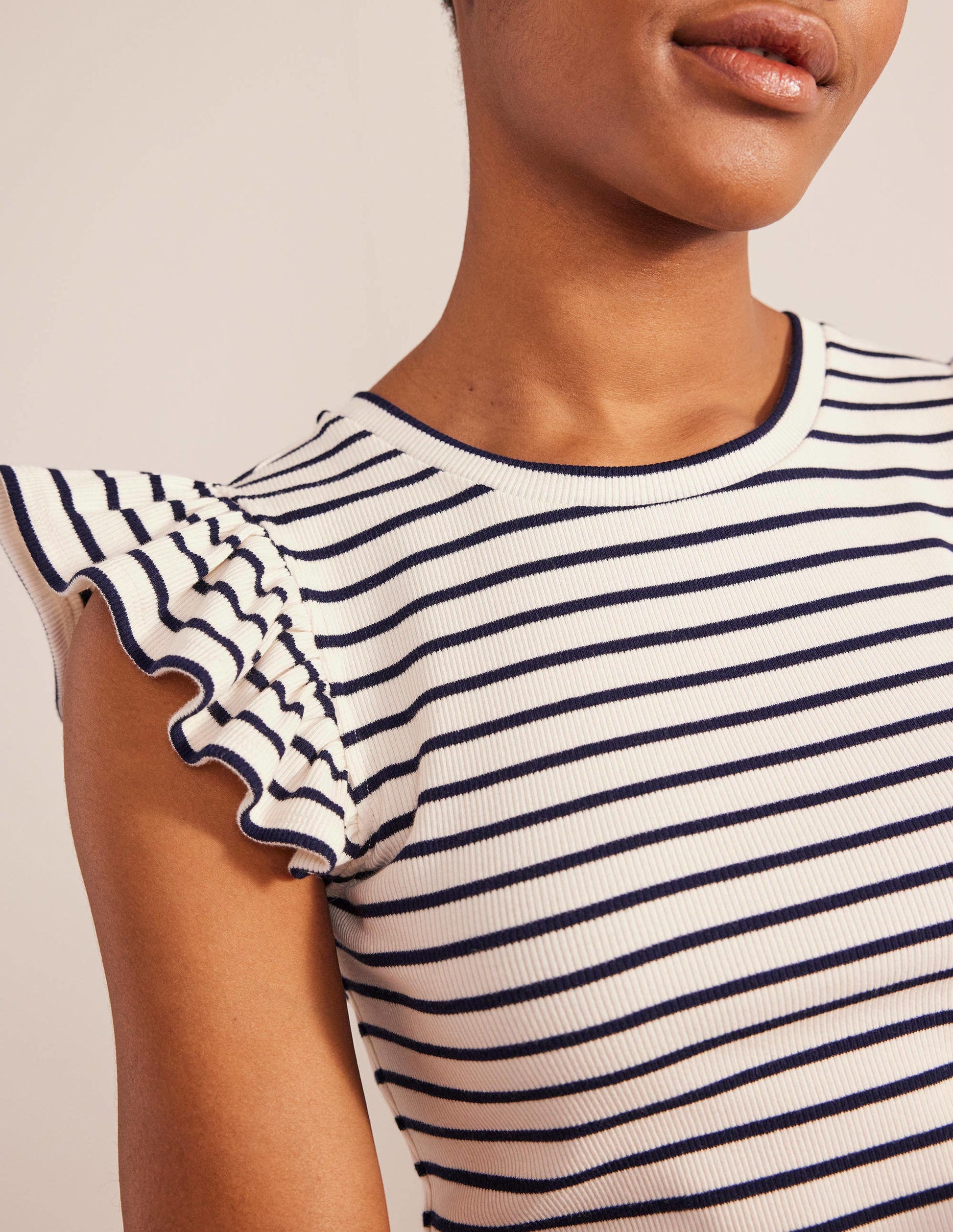 Crew Neck Ribbed Flutter Top-Ivory/ Navy Stripe-2