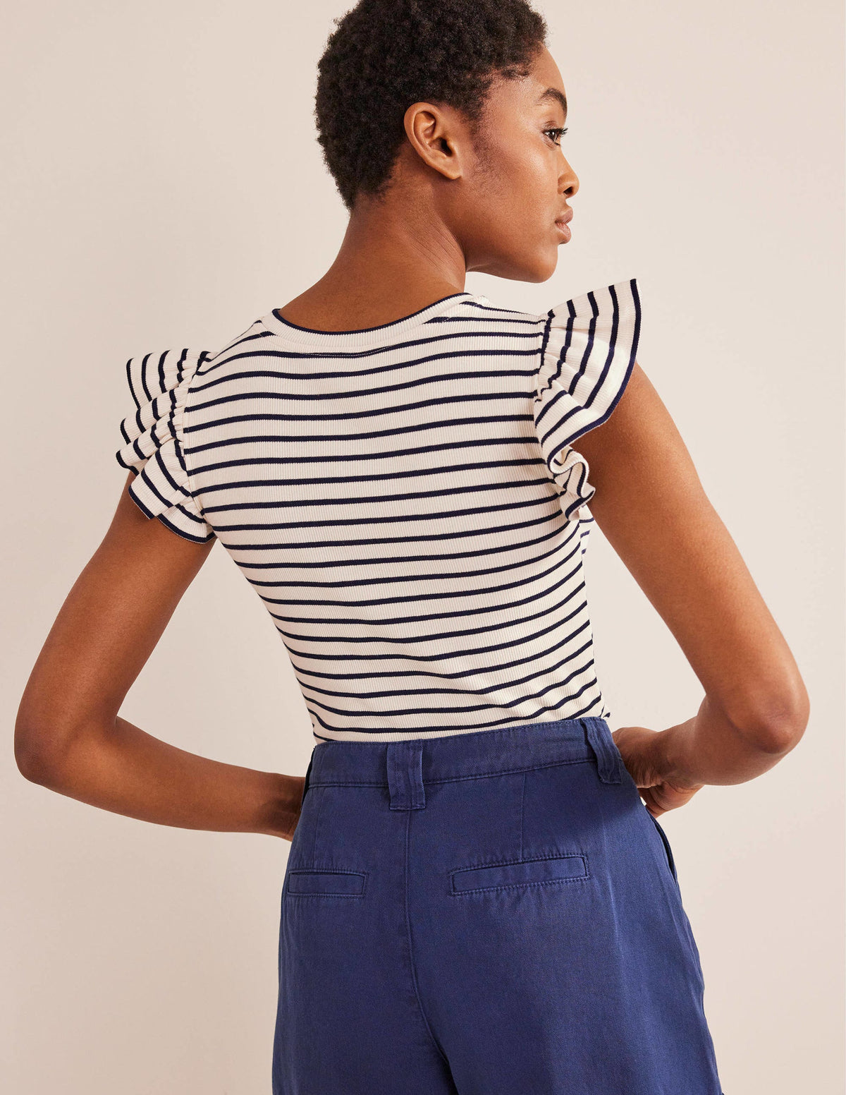 Crew Neck Ribbed Flutter Top-Ivory/ Navy Stripe - Image 3