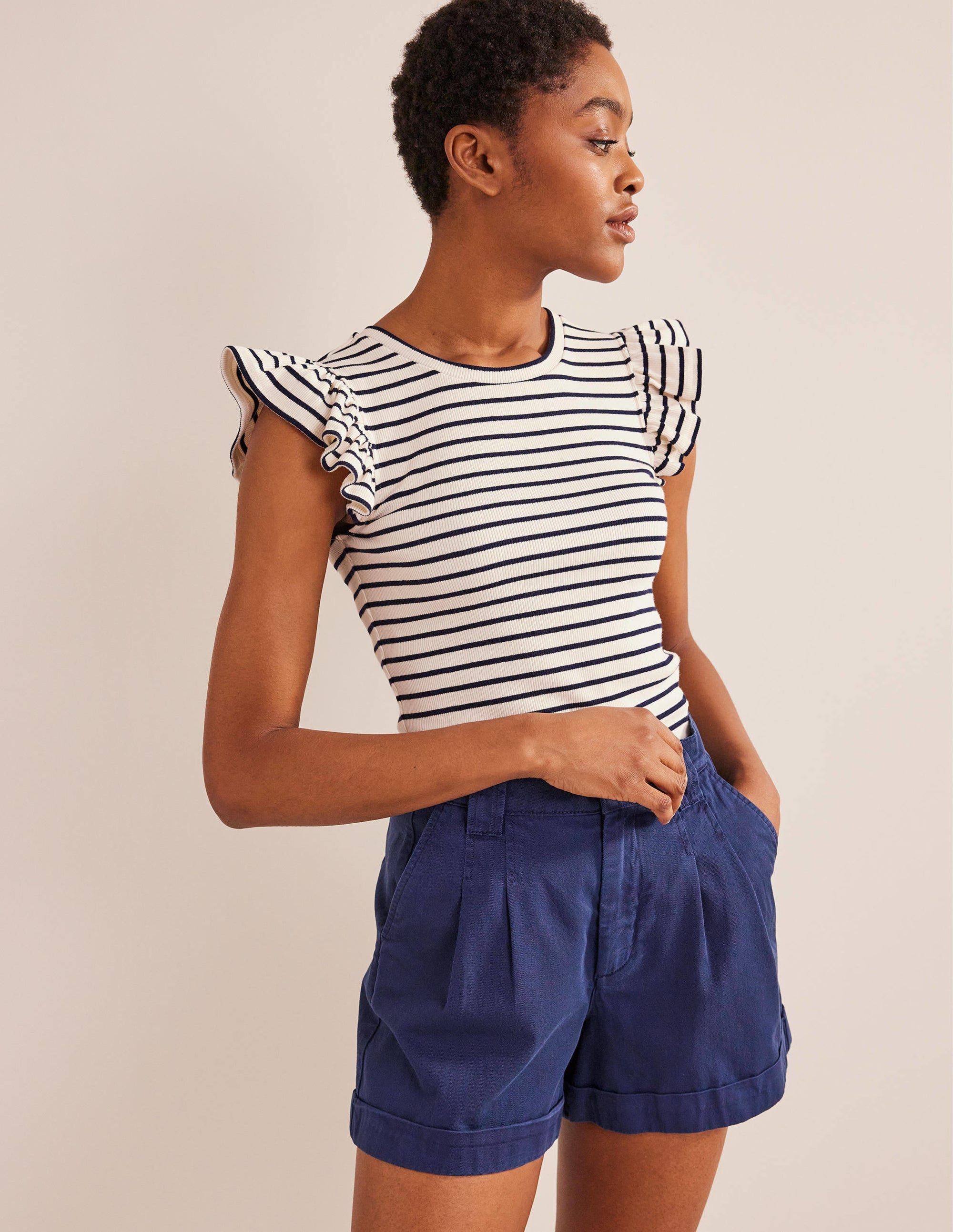 Crew Neck Ribbed Flutter Top-Ivory/ Navy Stripe - Image 4
