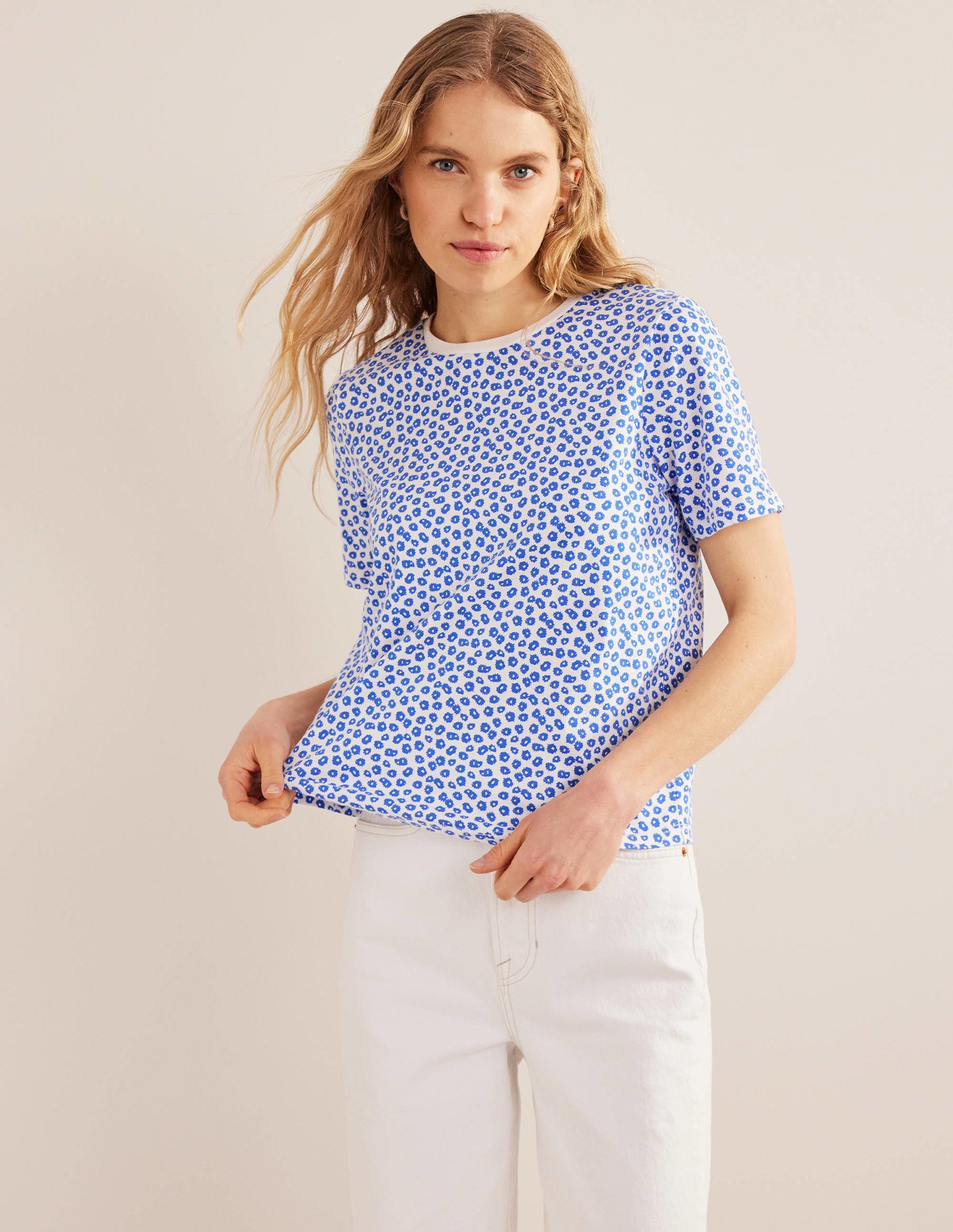 Printed Crew Neck T-Shirt-Ivory, Peony Stamp - Image 1