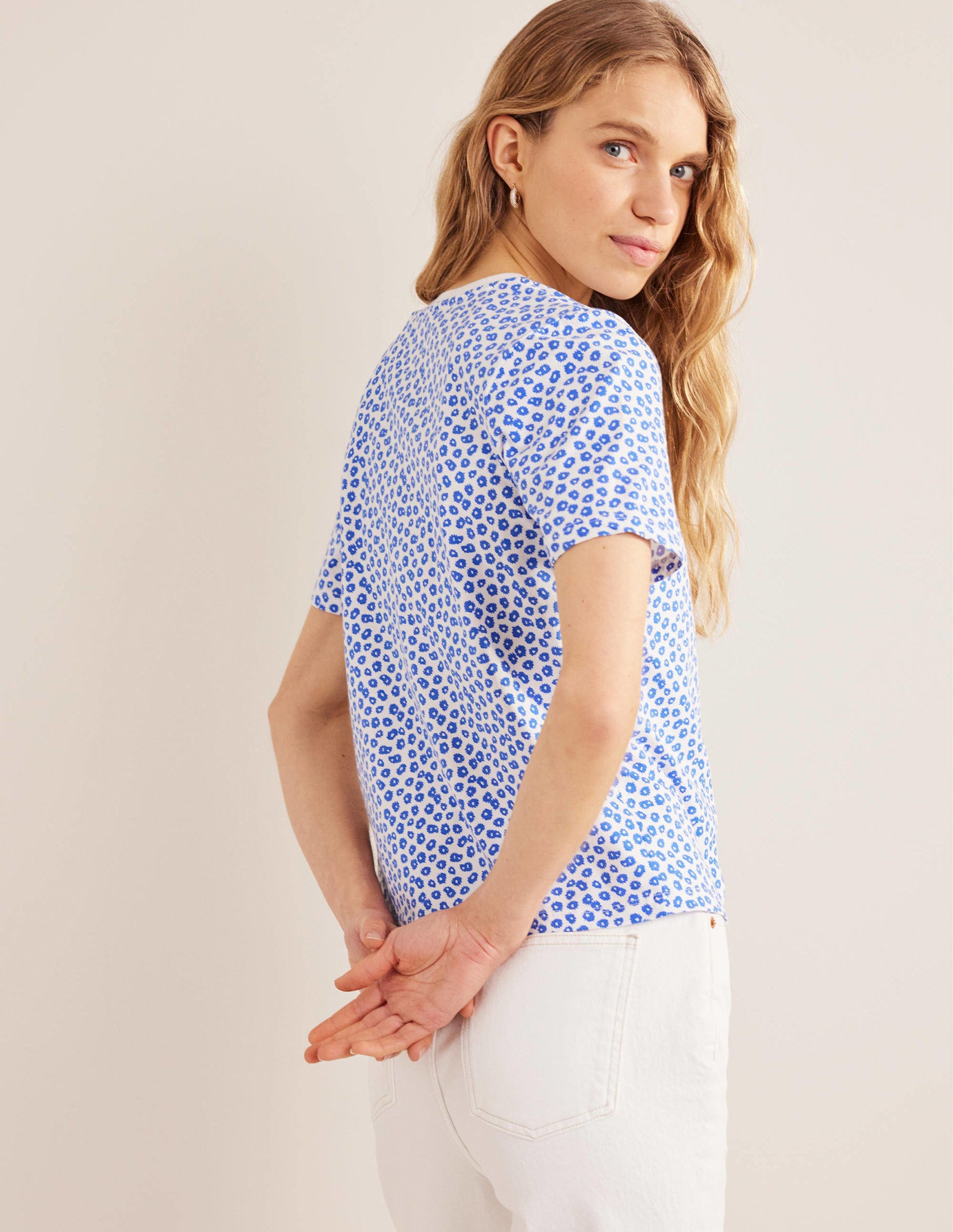 Printed Crew Neck T-Shirt-Ivory, Peony Stamp-3