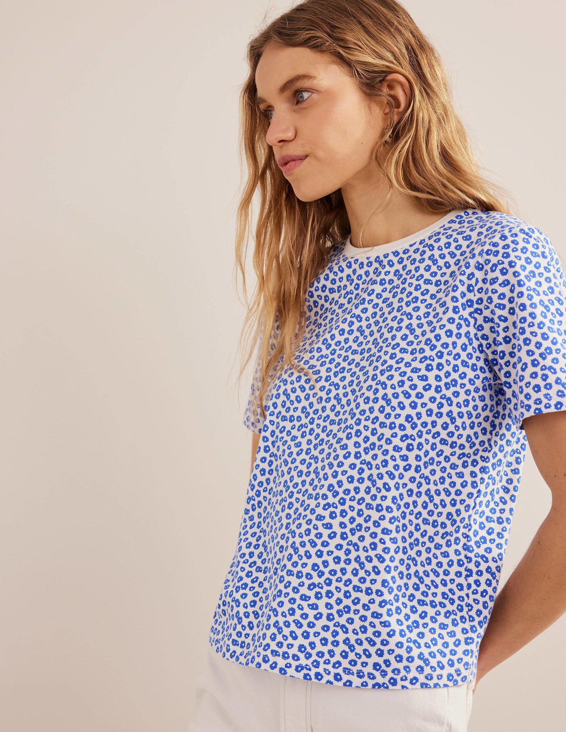 Printed Crew Neck T-Shirt-Ivory, Peony Stamp-4