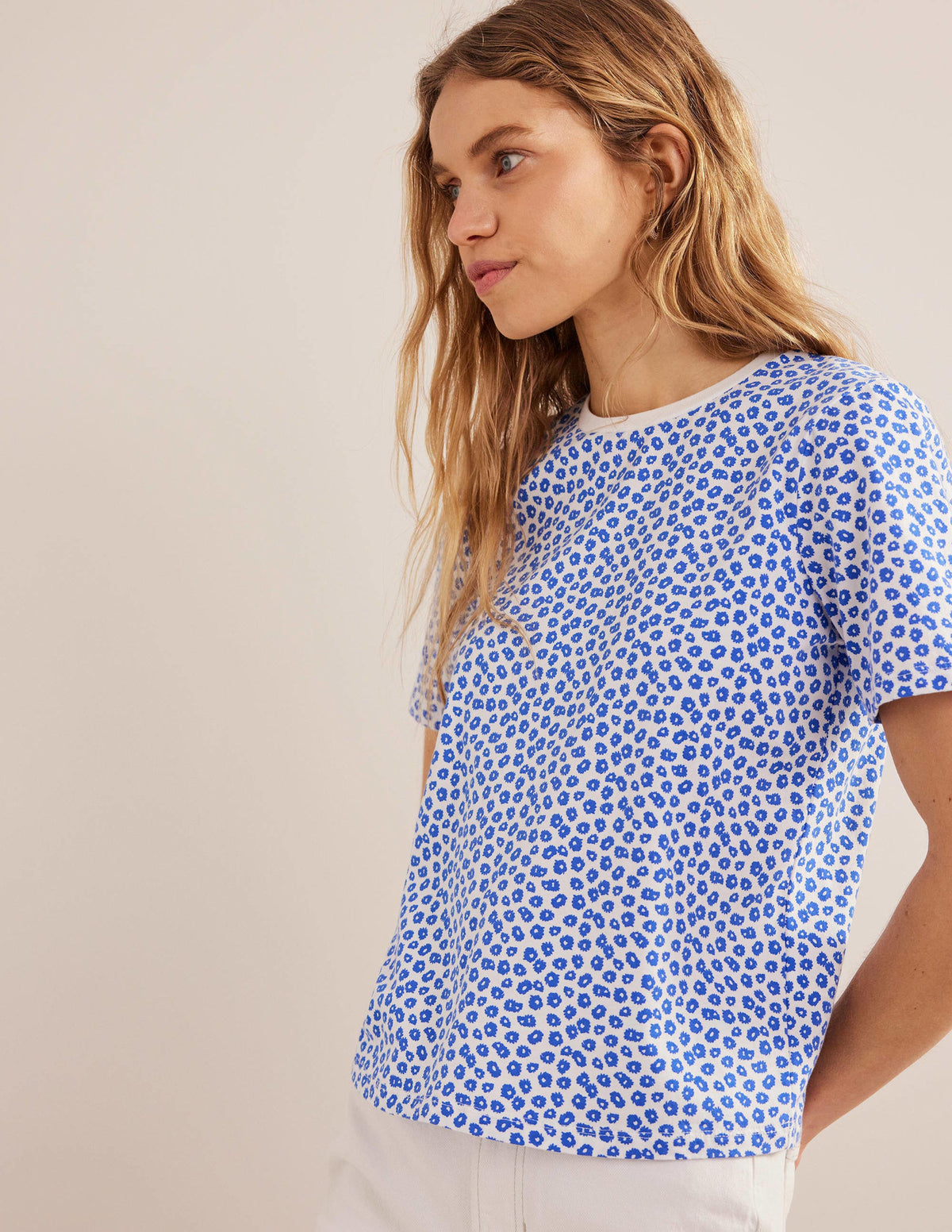 Printed Crew Neck T-Shirt-Ivory, Peony Stamp - Image 4
