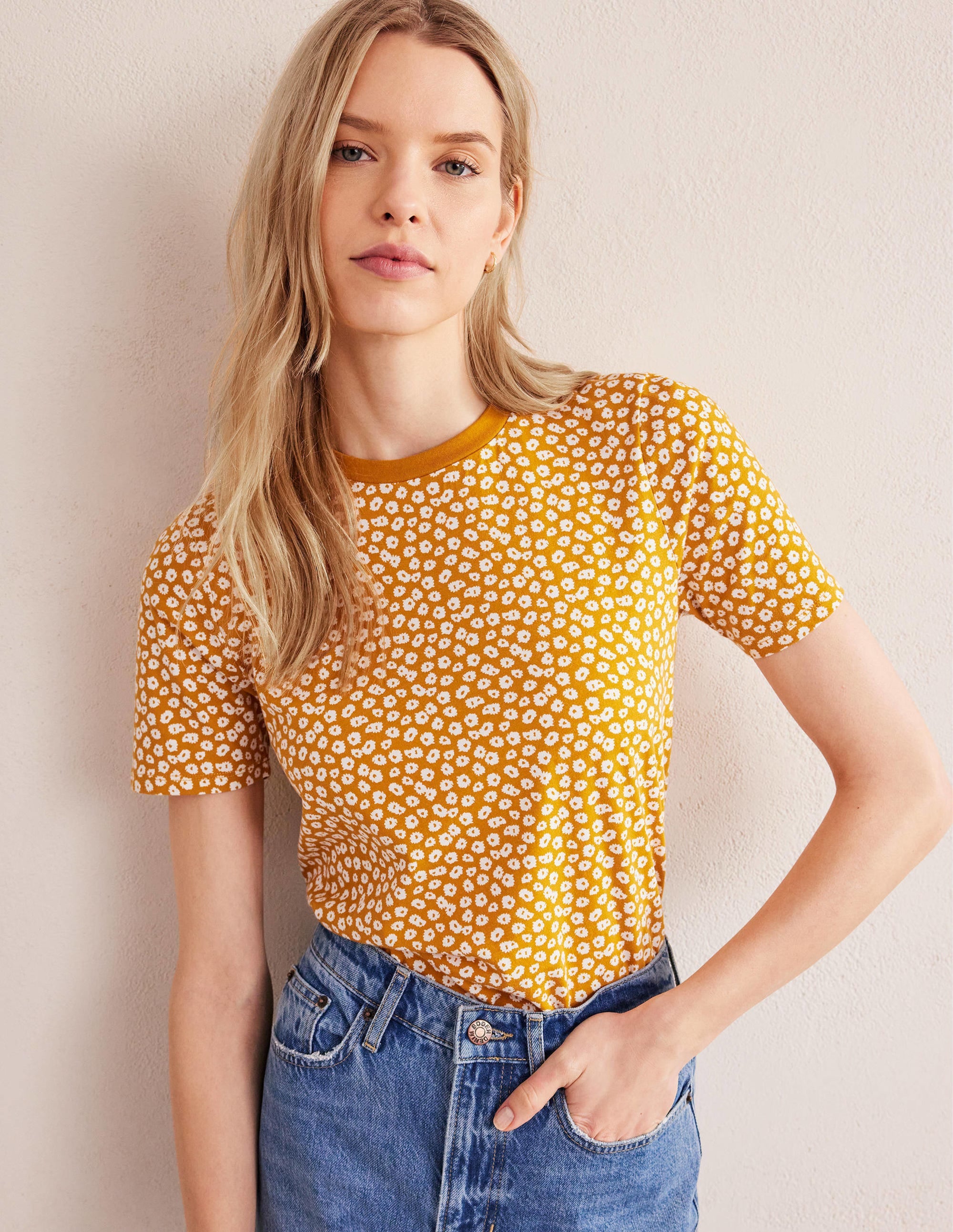 Printed Crew Neck T-Shirt-Harvest Gold, Peony Stamp - Image 1