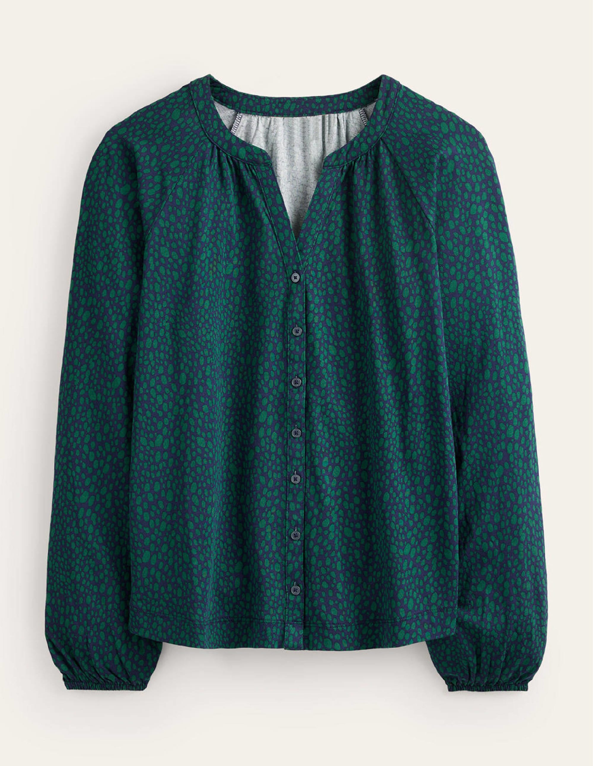 Printed Gather-Detail Shirt-Amazon Green , Animal Spot - Image 5