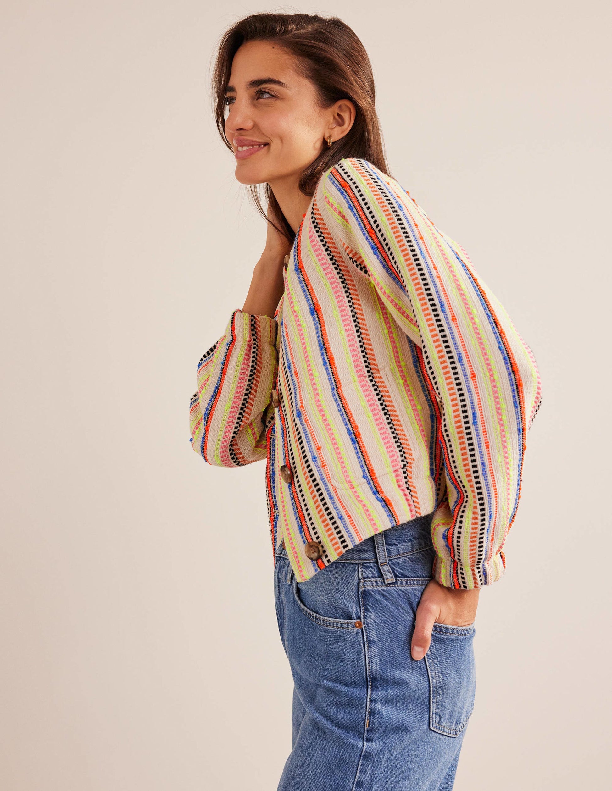 Textured Button Jacket-Ivory, Multi Stripe-1