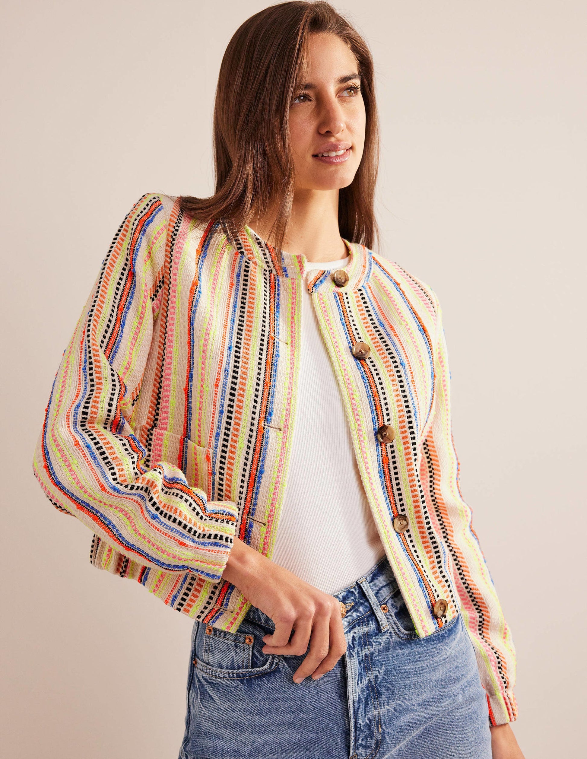 Textured Button Jacket-Ivory, Multi Stripe-2