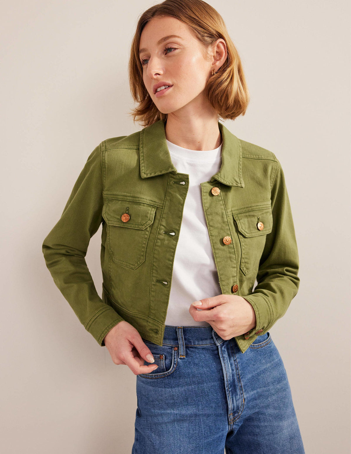 Cropped Casual Cotton Jacket-Green-1