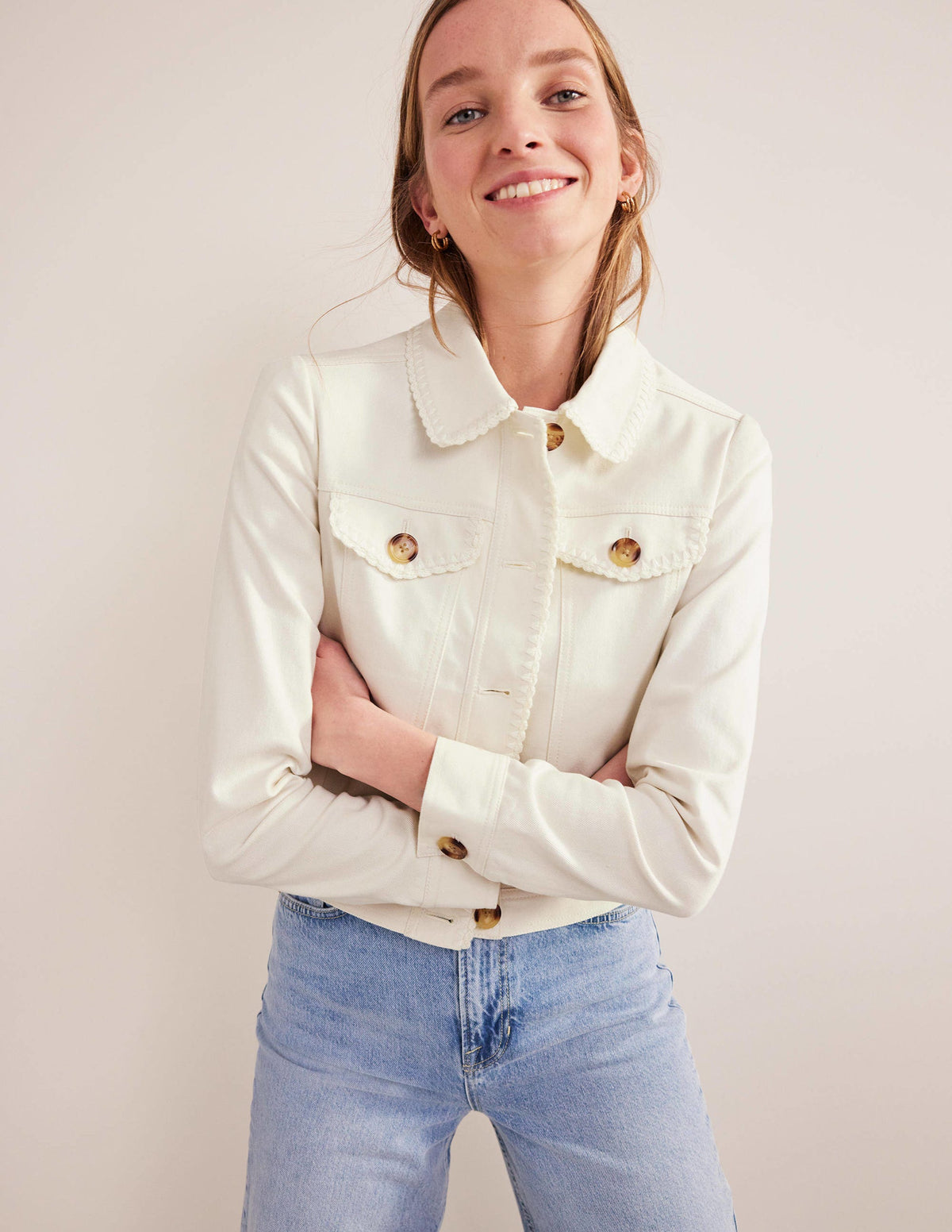 Crochet Trim Denim Jacket-Ecru - Image 1
