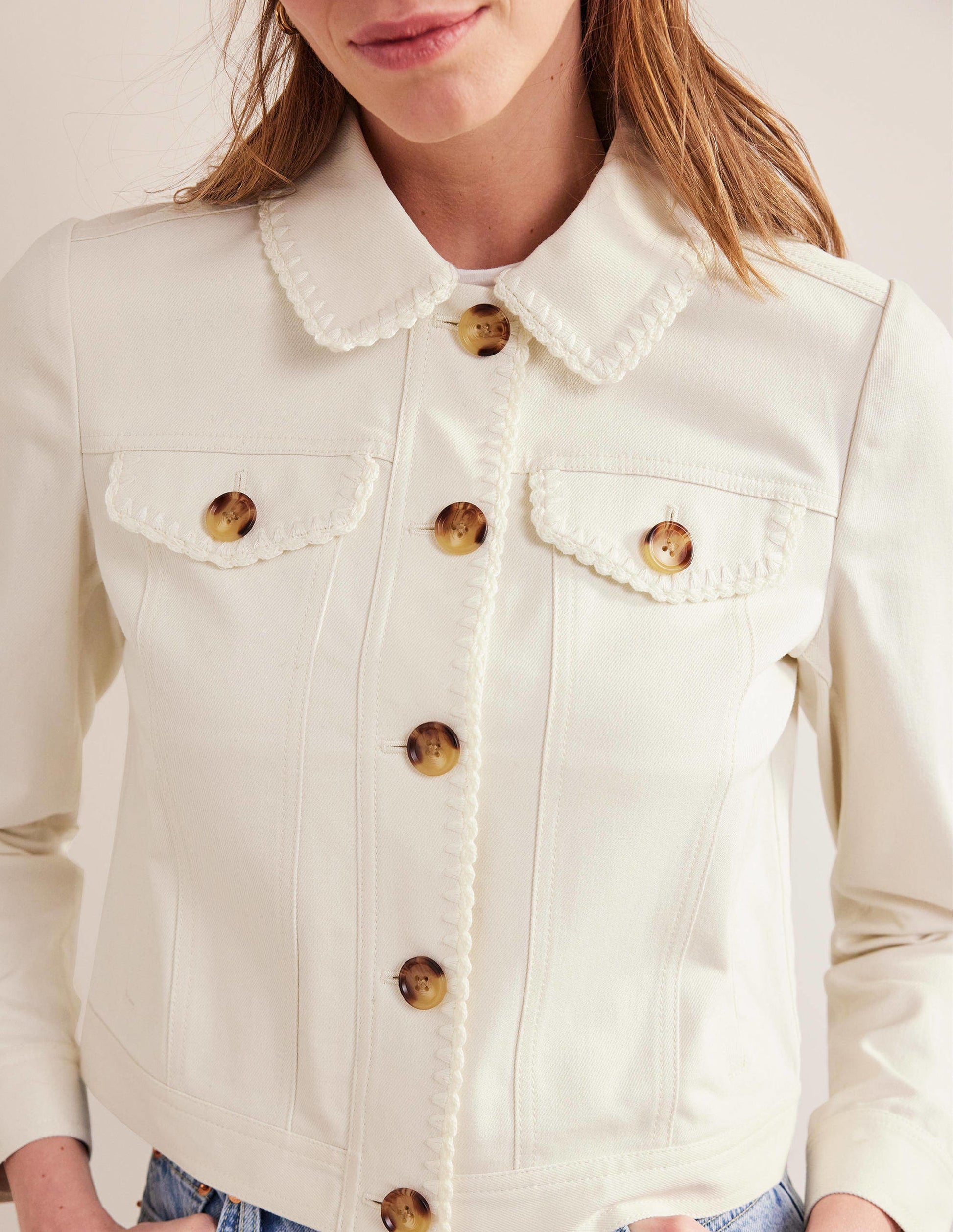 Crochet Trim Denim Jacket-Ecru-2