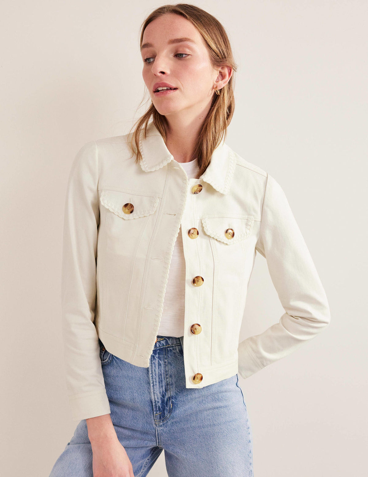 Crochet Trim Denim Jacket-Ecru - Image 4