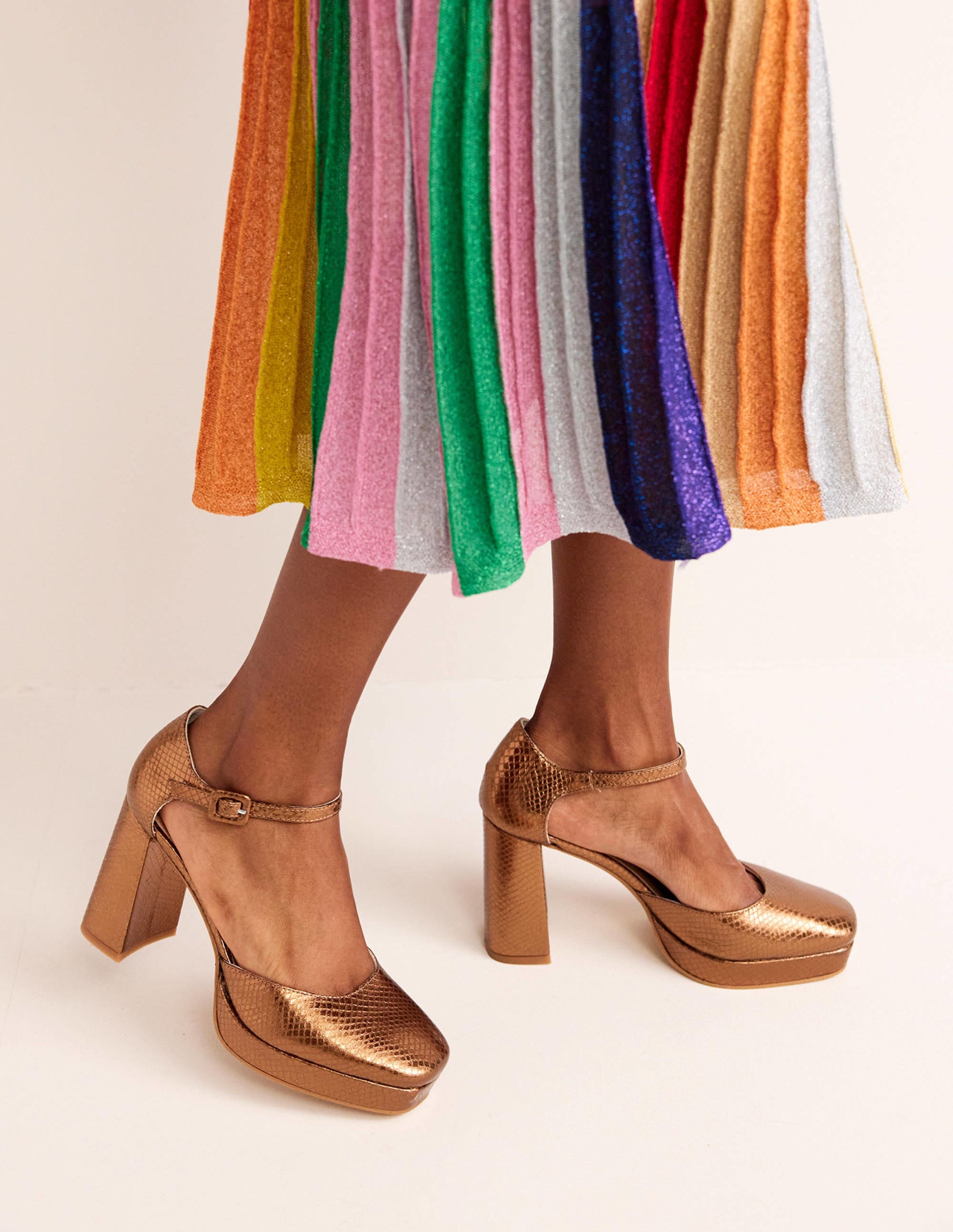 Closed-Toe Heeled Platforms-Bronze Metallic Snake - Image 1