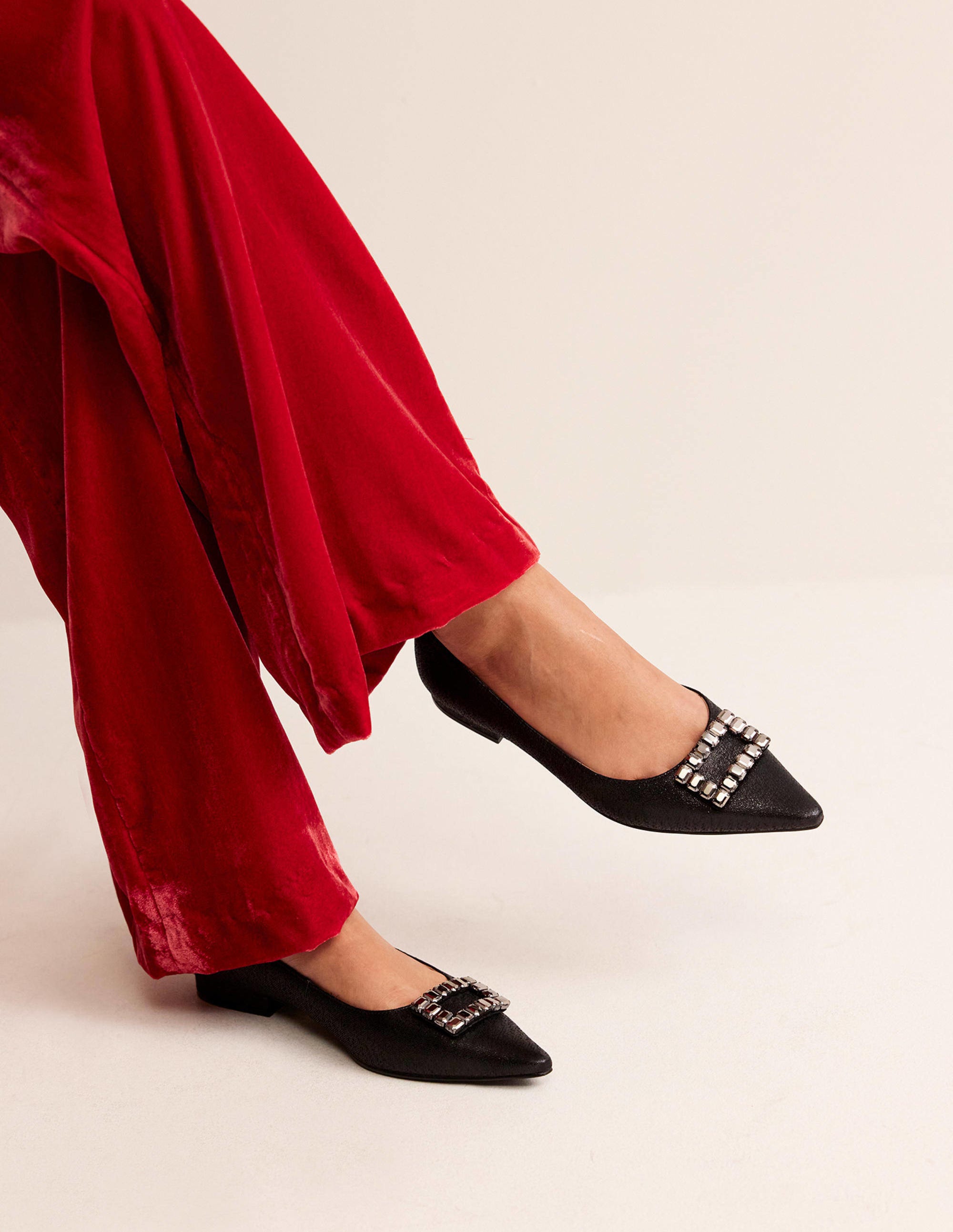 Jewelled-Buckle Flats-Black Metallic - Image 1