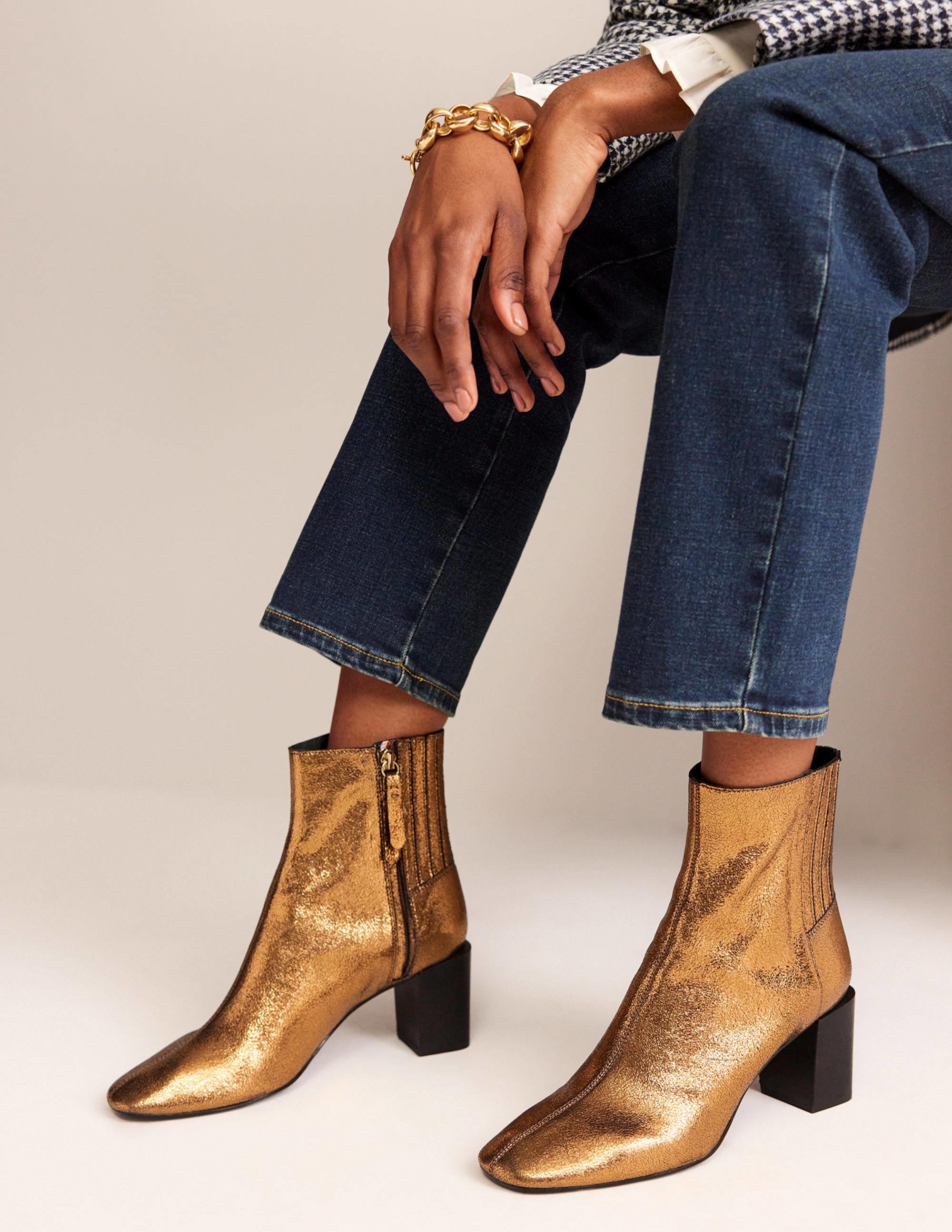 Block-Heel Leather Ankle Boots-Gold Crinkle metallic Leather - Image 4