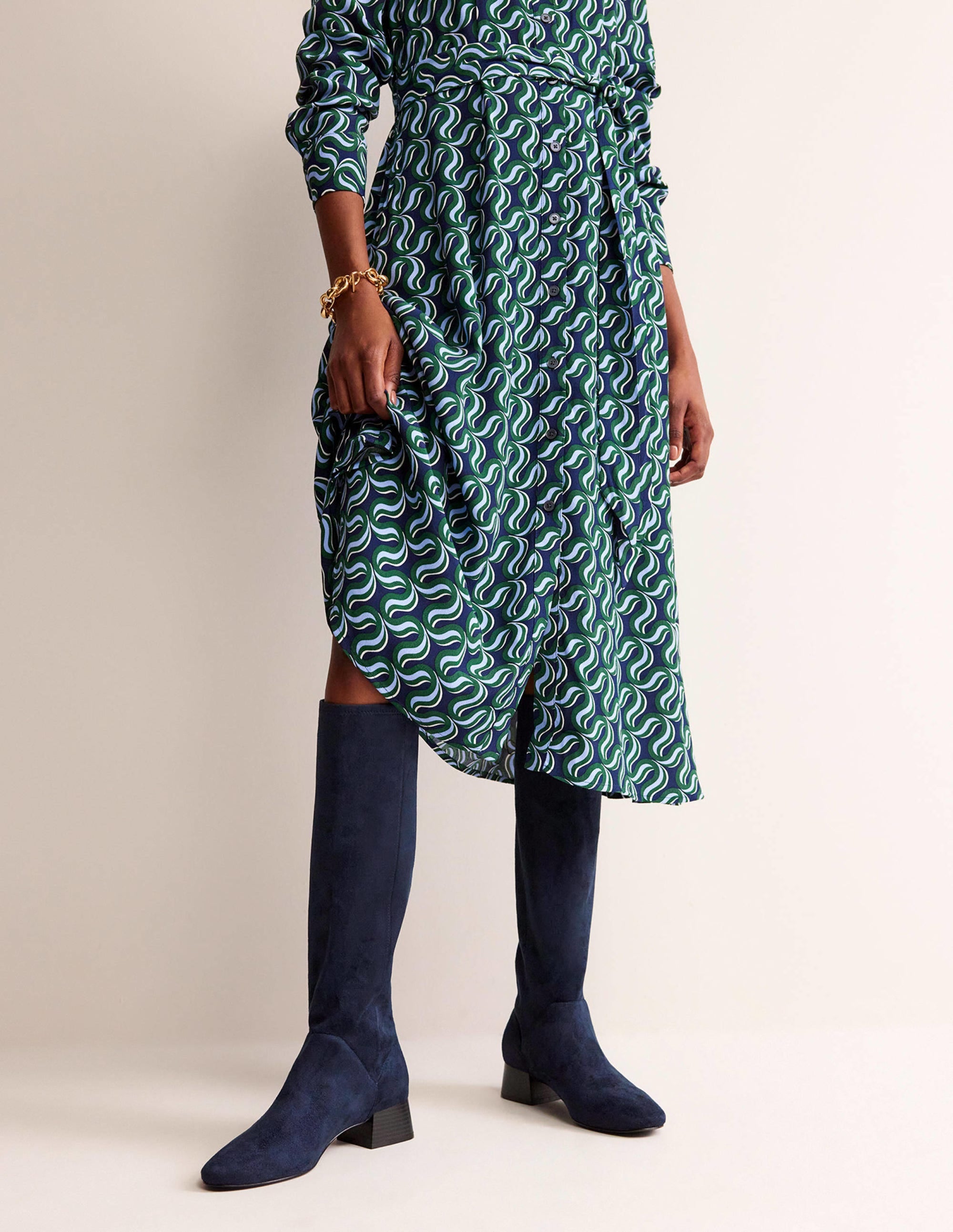 Cara Flat Stretch Knee Boots-Navy - Image 4